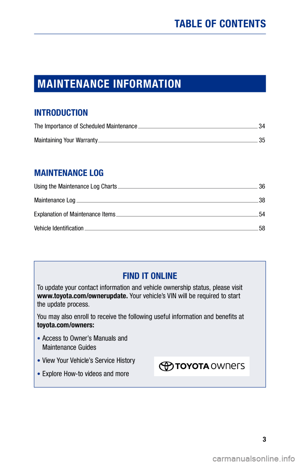 TOYOTA COROLLA 2020 Warranties & Maintenance Guides (in English) 3
TABLE OF CONTENTS
MAINTENANCE INFORMATION
INTRODUCTION
The Importance of Scheduled Maintenance 34
Maintaining Your Warranty
35
MAINTENANCE LOG
Using the Maintenance Log Charts 36
Maintenance L TOYOTA COROLLA 2020 Warranties & Maintenance Guides (in English) 3
TABLE OF CONTENTS
MAINTENANCE INFORMATION
INTRODUCTION
The Importance of Scheduled Maintenance 34
Maintaining Your Warranty
35
MAINTENANCE LOG
Using the Maintenance Log Charts 36
Maintenance L