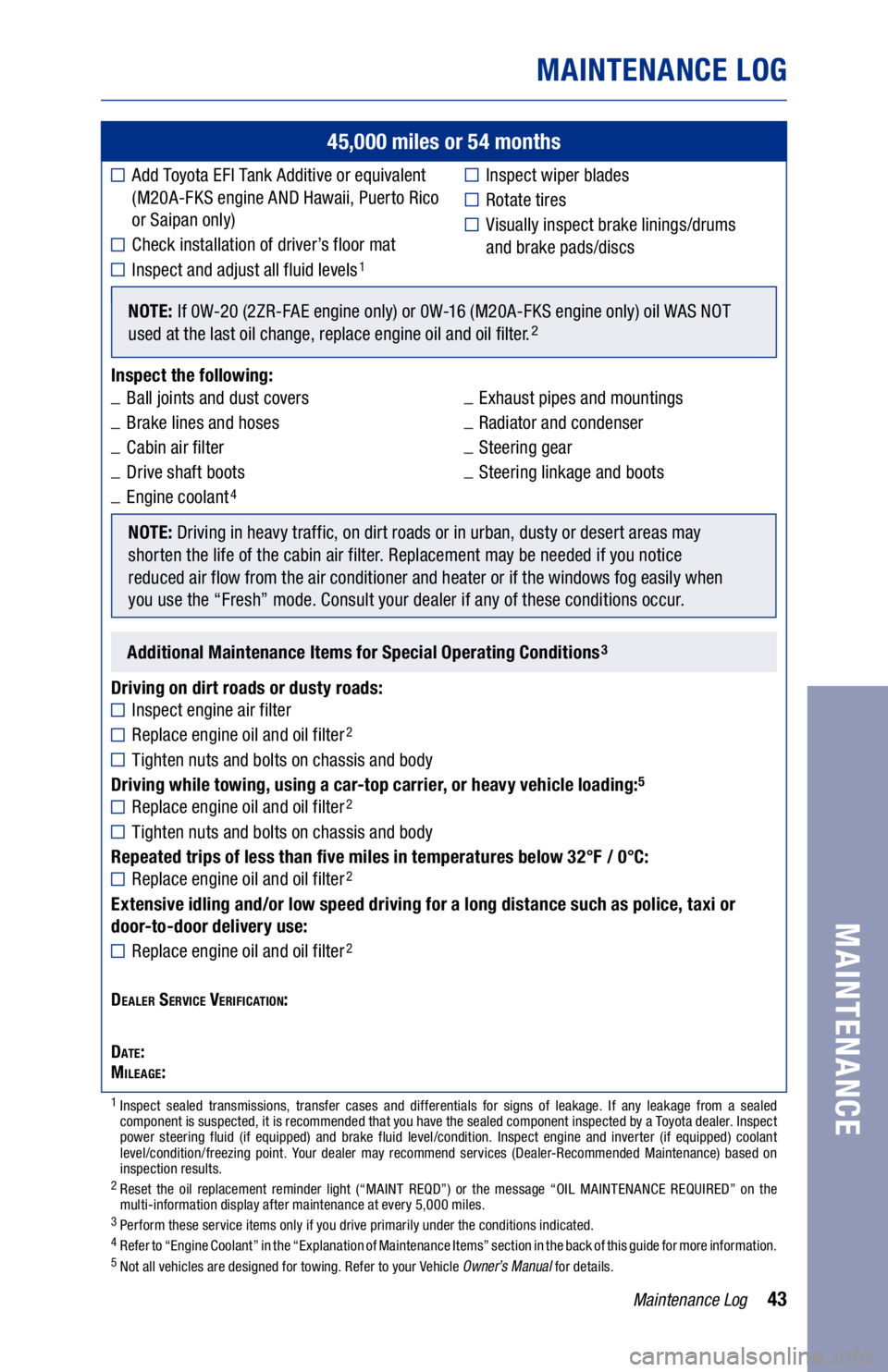 TOYOTA COROLLA 2020  Warranties & Maintenance Guides (in English) Inspect wiper blades
Rotate tires
 Visually inspect brake linings/drums  
and brake pads/discs
43Maintenance Log
MAINTENANCE LOG
MAINTENANCE
45,000 miles or 54 months
 Add Toyota EFI Tank Additive or 