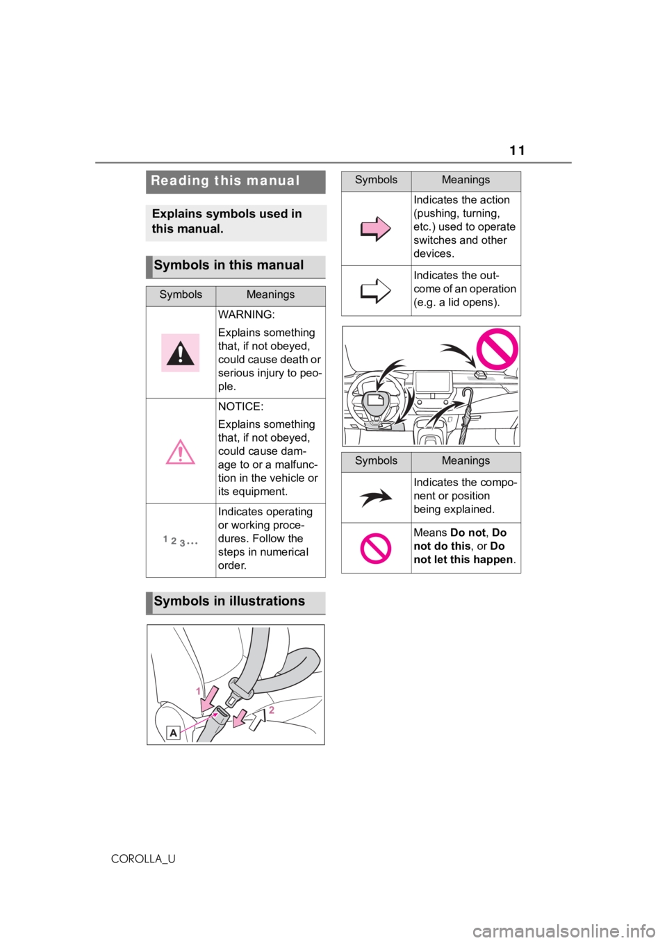 TOYOTA COROLLA 2021 (in English) User Guide 11
COROLLA_U
Reading this manual
Explains symbols used in
this manual.
Symbols in this manual
SymbolsMeanings
WARNING:
Explains something
that, if not obeyed,
could cause death or
serious injury t TOYOTA COROLLA 2021 (in English) User Guide 11
COROLLA_U
Reading this manual
Explains symbols used in
this manual.
Symbols in this manual
SymbolsMeanings
WARNING:
Explains something
that, if not obeyed,
could cause death or
serious injury t