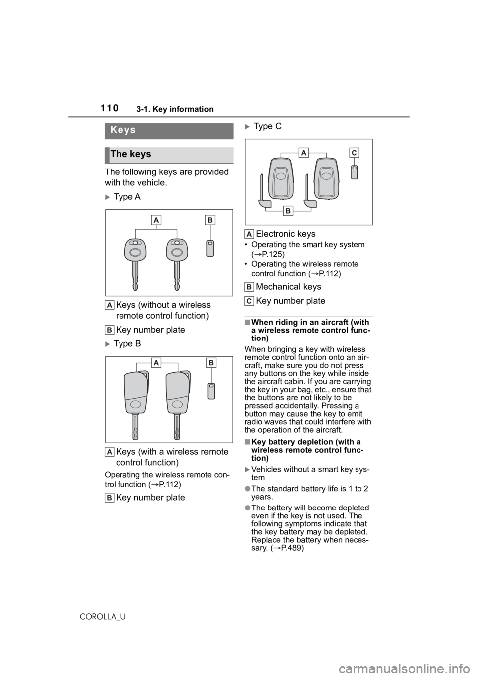 TOYOTA COROLLA 2021 Owners Manual (in English) 1103-1. Key information
COROLLA_U
3-1.Key information
The following keys are provided
with the vehicle.
Ty p e AKeys (without a wireless
remote control function)
Key number plate
Ty p e BKeys TOYOTA COROLLA 2021 Owners Manual (in English) 1103-1. Key information
COROLLA_U
3-1.Key information
The following keys are provided
with the vehicle.
Ty p e AKeys (without a wireless
remote control function)
Key number plate
Ty p e BKeys