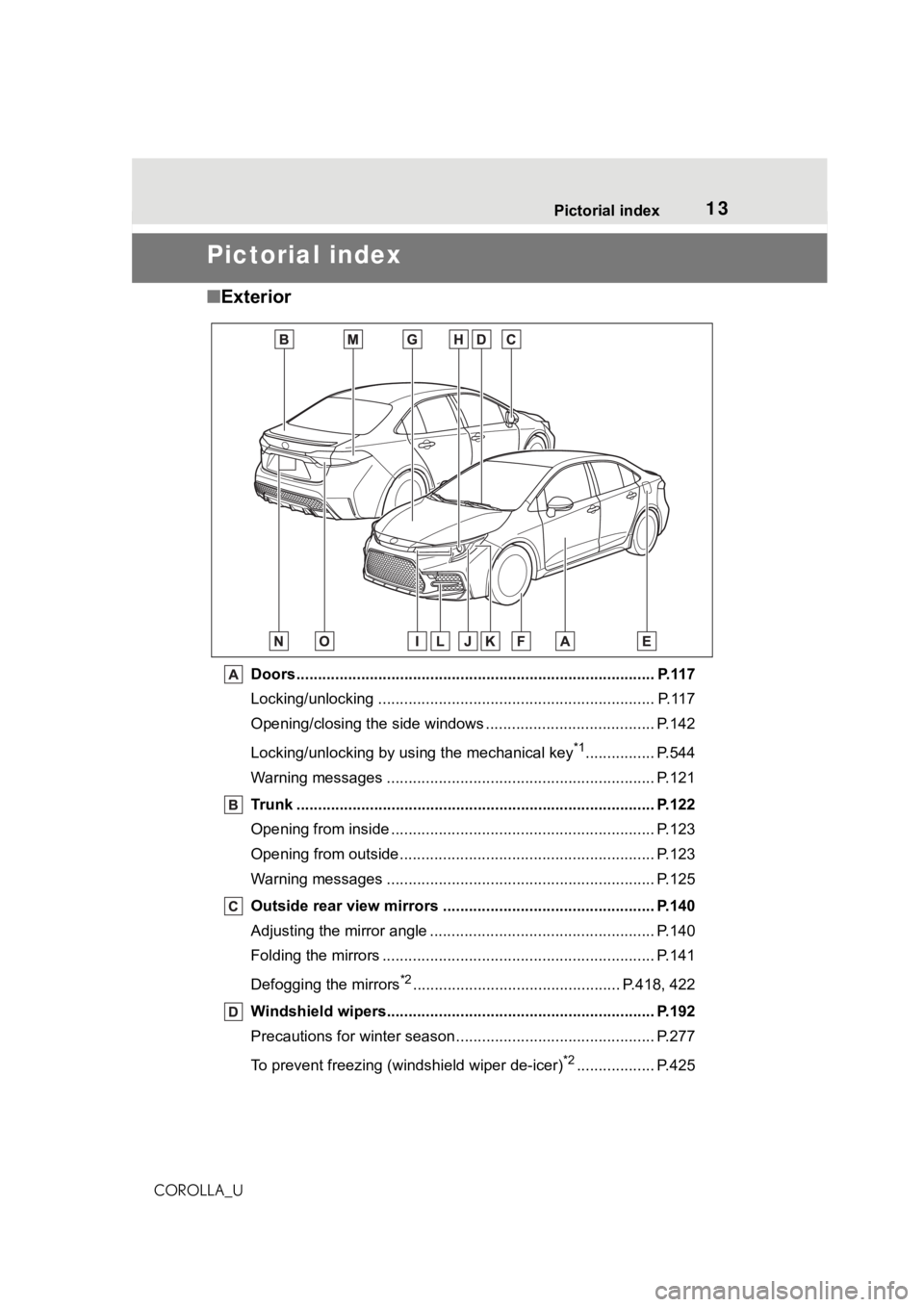TOYOTA COROLLA 2021 (in English) User Guide 13Pictorial index
COROLLA_U
Pictorial index
■ Exterior
Doors.......................................................... ......................... P.117
Locking/unlocking ............................. TOYOTA COROLLA 2021 (in English) User Guide 13Pictorial index
COROLLA_U
Pictorial index
■ Exterior
Doors.......................................................... ......................... P.117
Locking/unlocking .............................