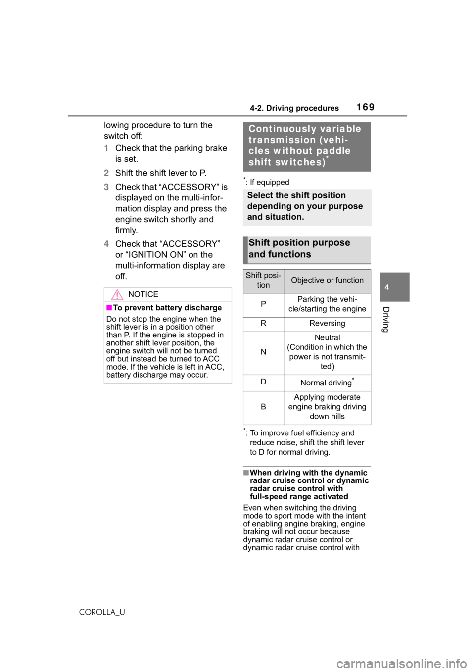 TOYOTA COROLLA 2021 Owners Manual (in English) 1694-2. Driving procedures
4
Driving
COROLLA_U
lowing procedure to turn the
switch off:
1Check that the parking brake
is set.
2 Shift the shift lever to P.
3 Check that “ACCESSORY” is
displayed TOYOTA COROLLA 2021 Owners Manual (in English) 1694-2. Driving procedures
4
Driving
COROLLA_U
lowing procedure to turn the
switch off:
1Check that the parking brake
is set.
2 Shift the shift lever to P.
3 Check that “ACCESSORY” is
displayed