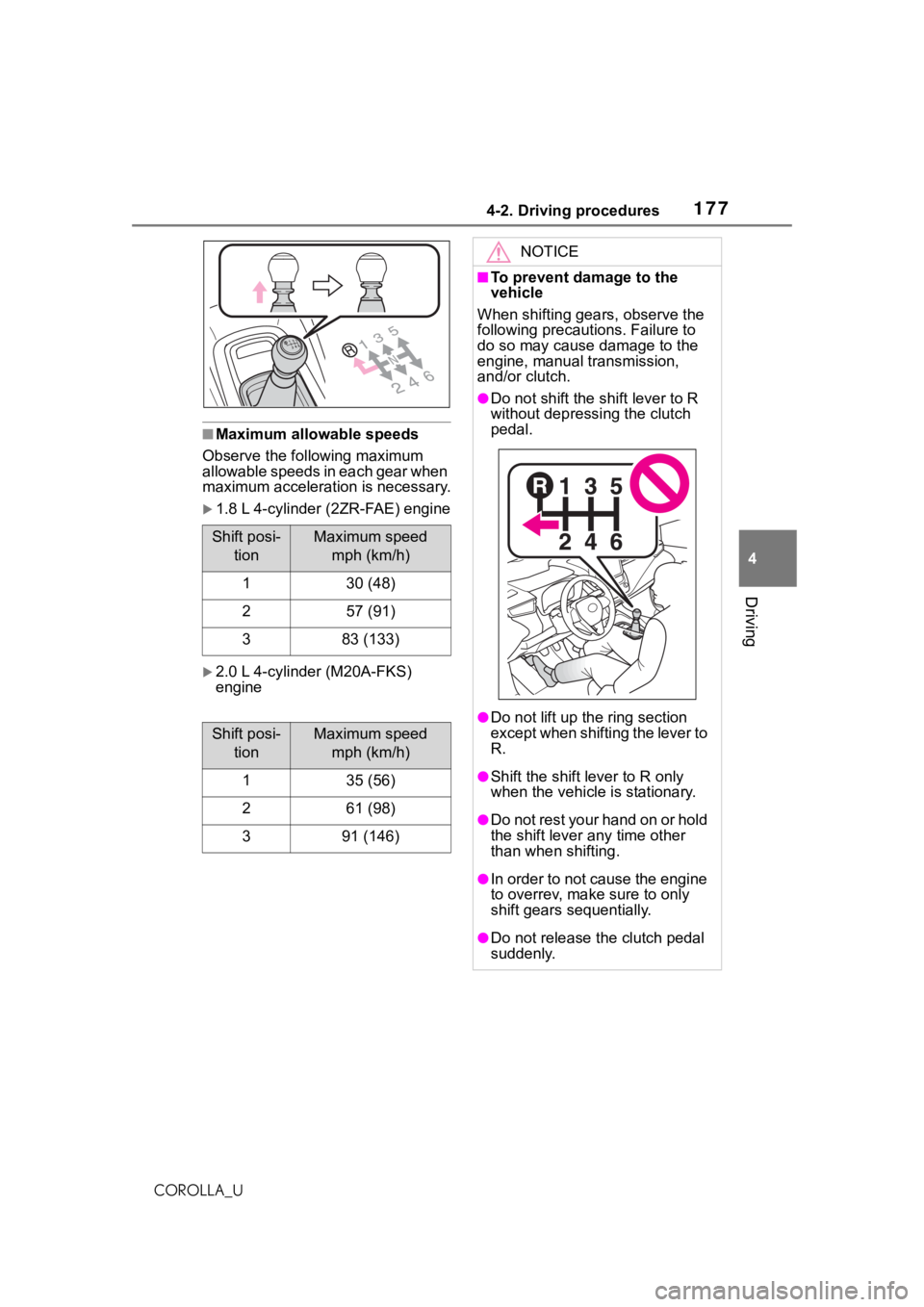 TOYOTA COROLLA 2021  Owners Manual (in English) 1774-2. Driving procedures
4
Driving
COROLLA_U
■Maximum allowable speeds
Observe the following maximum 
allowable speeds in each gear when 
maximum acceleration is necessary.
1.8 L 4-cylinder (2Z