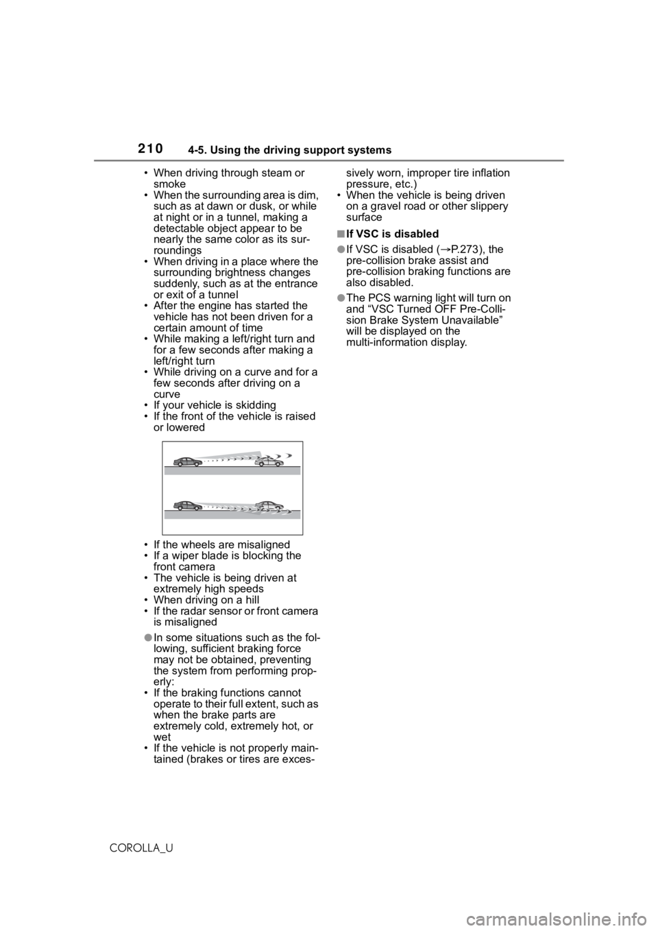 TOYOTA COROLLA 2021  Owners Manual (in English) 2104-5. Using the driving support systems
COROLLA_U• When driving through steam or 
smoke
• When the surrounding area is dim, 
such as at dawn or dusk, or while 
at night or in a t unnel, making a