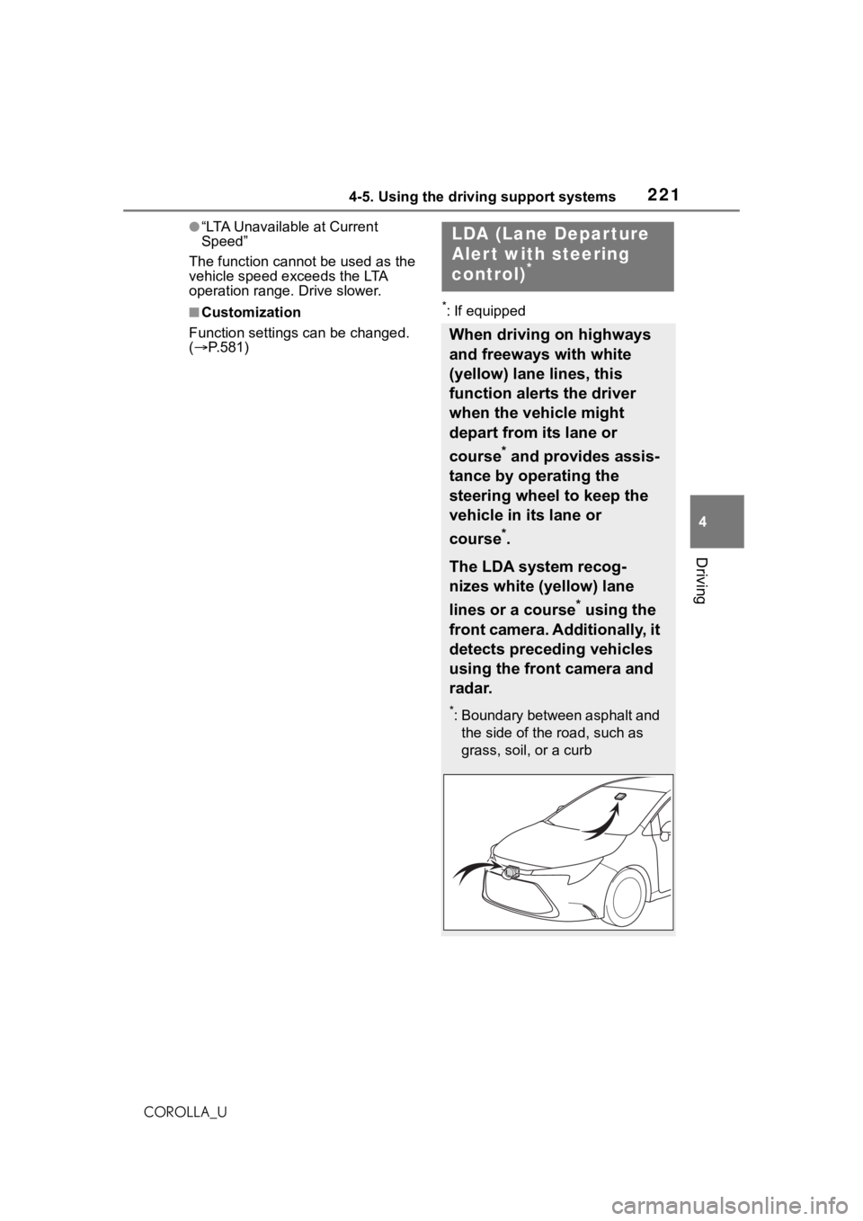 TOYOTA COROLLA 2021  Owners Manual (in English) 2214-5. Using the driving support systems
4
Driving
COROLLA_U
●“LTA Unavailable at Current 
Speed”
The function cannot be used as the 
vehicle speed exceeds the LTA 
operation range. Drive slowe