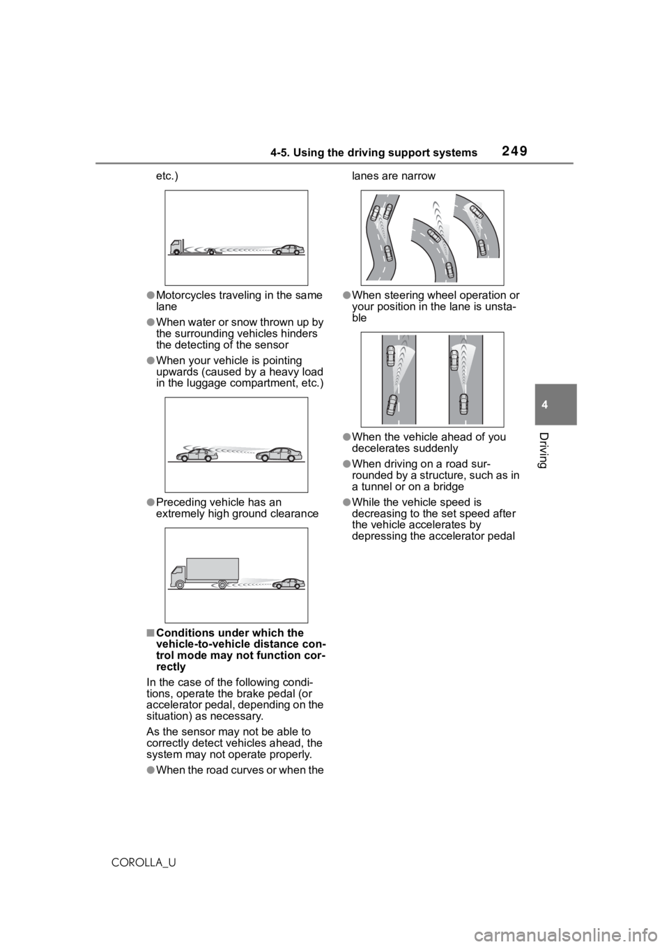TOYOTA COROLLA 2021 Owners Manual (in English) 2494-5. Using the driving support systems
4
Driving
COROLLA_Uetc.)
●Motorcycles traveling in the same
lane
●When water or snow thrown up by
the surrounding vehicles hinders
the detecting of the TOYOTA COROLLA 2021 Owners Manual (in English) 2494-5. Using the driving support systems
4
Driving
COROLLA_Uetc.)
●Motorcycles traveling in the same
lane
●When water or snow thrown up by
the surrounding vehicles hinders
the detecting of the