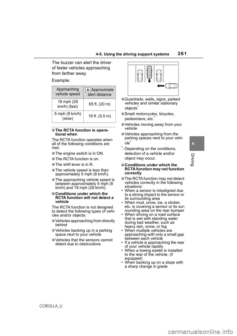 TOYOTA COROLLA 2021 Owners Manual (in English) 2614-5. Using the driving support systems
4
Driving
COROLLA_U
The buzzer can alert the driver
of faster vehicles approaching
from farther away.
Example:
■The RCTA function is opera-
tional when
Th TOYOTA COROLLA 2021 Owners Manual (in English) 2614-5. Using the driving support systems
4
Driving
COROLLA_U
The buzzer can alert the driver
of faster vehicles approaching
from farther away.
Example:
■The RCTA function is opera-
tional when
Th