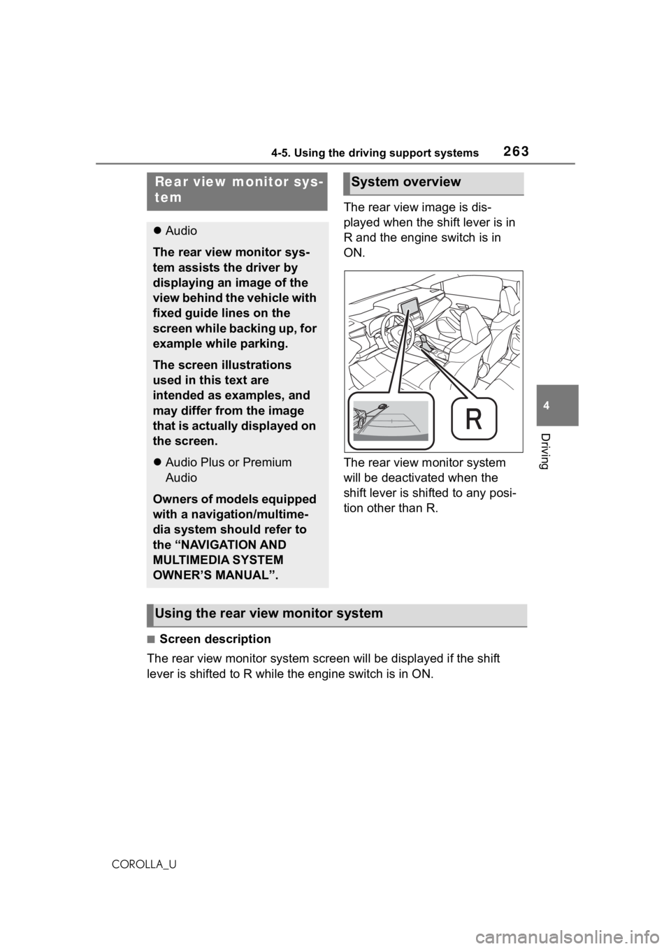 TOYOTA COROLLA 2021 Owners Manual (in English) 2634-5. Using the driving support systems
4
Driving
COROLLA_U
The rear view image is dis-
played when the shift lever is in
R and the engine switch is in
ON.
The rear view monitor system
will be de TOYOTA COROLLA 2021 Owners Manual (in English) 2634-5. Using the driving support systems
4
Driving
COROLLA_U
The rear view image is dis-
played when the shift lever is in
R and the engine switch is in
ON.
The rear view monitor system
will be de