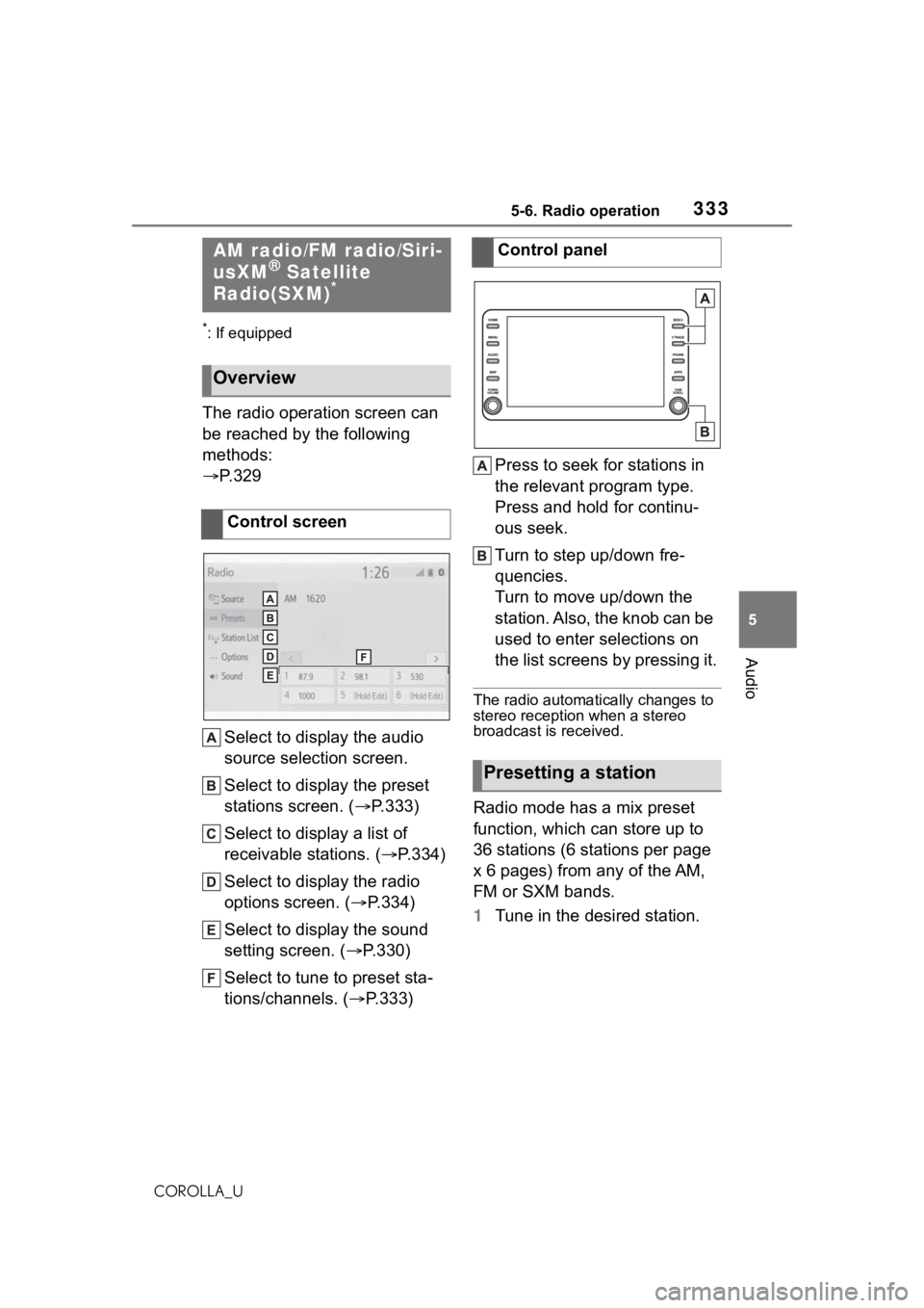 TOYOTA COROLLA 2021  Owners Manual (in English) 3335-6. Radio operation
5
Audio
COROLLA_U
5-6.Radio operation
*: If equipped
The radio operation screen can 
be reached by the following 
methods:
P. 3 2 9
Select to display the audio 
source selec