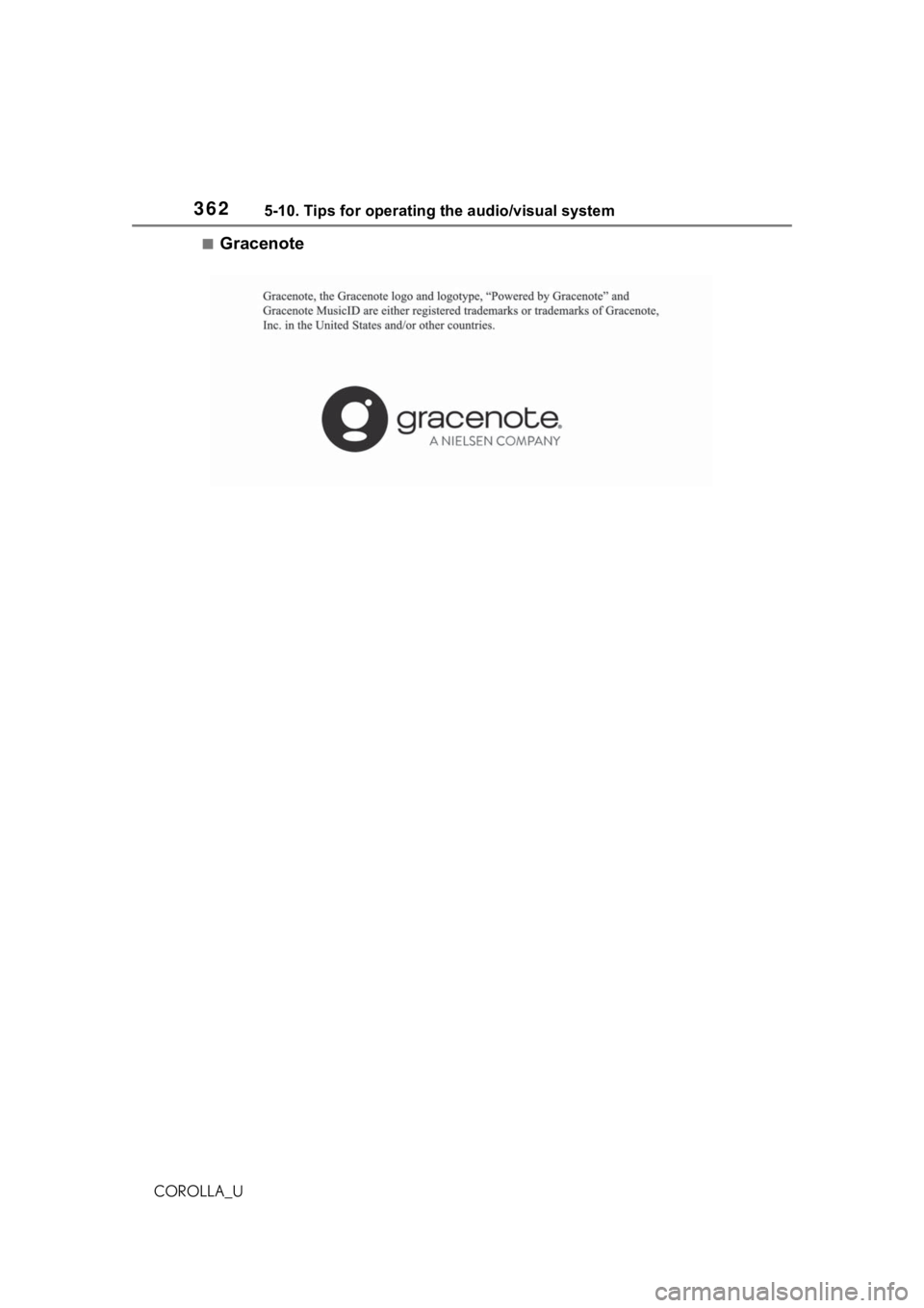 TOYOTA COROLLA 2021 Owners Manual (in English) 3625-10. Tips for operating the audio/visual system
COROLLA_U
■Gracenote TOYOTA COROLLA 2021 Owners Manual (in English) 3625-10. Tips for operating the audio/visual system
COROLLA_U
■Gracenote