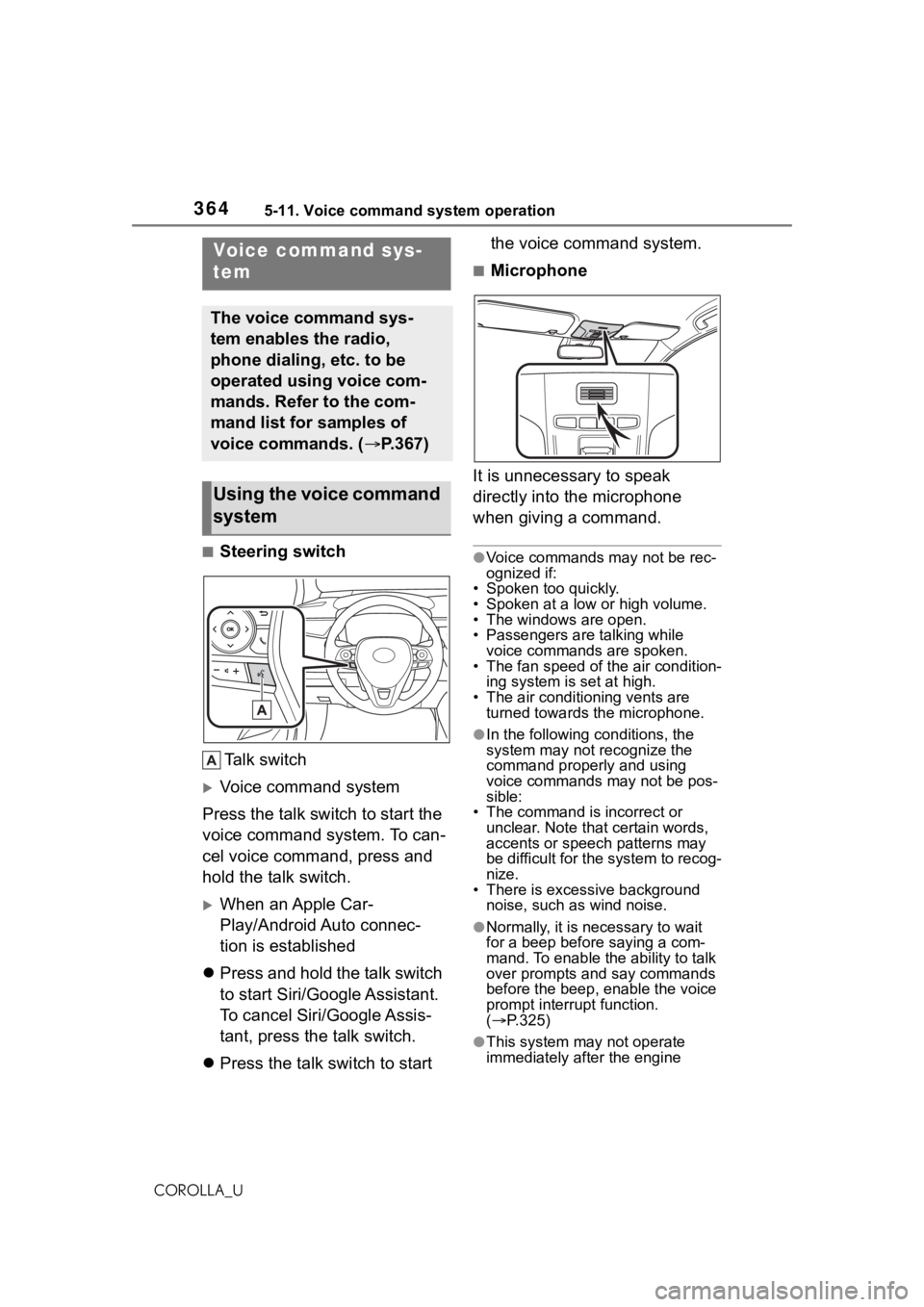 TOYOTA COROLLA 2021 Owners Manual (in English) 3645-11. Voice command system operation
COROLLA_U
5-11.Voice command system operation
■Steering switchTa l k s w i t c h
Voice command system
Press the talk switch to start the
voice command s TOYOTA COROLLA 2021 Owners Manual (in English) 3645-11. Voice command system operation
COROLLA_U
5-11.Voice command system operation
■Steering switchTa l k s w i t c h
Voice command system
Press the talk switch to start the
voice command s