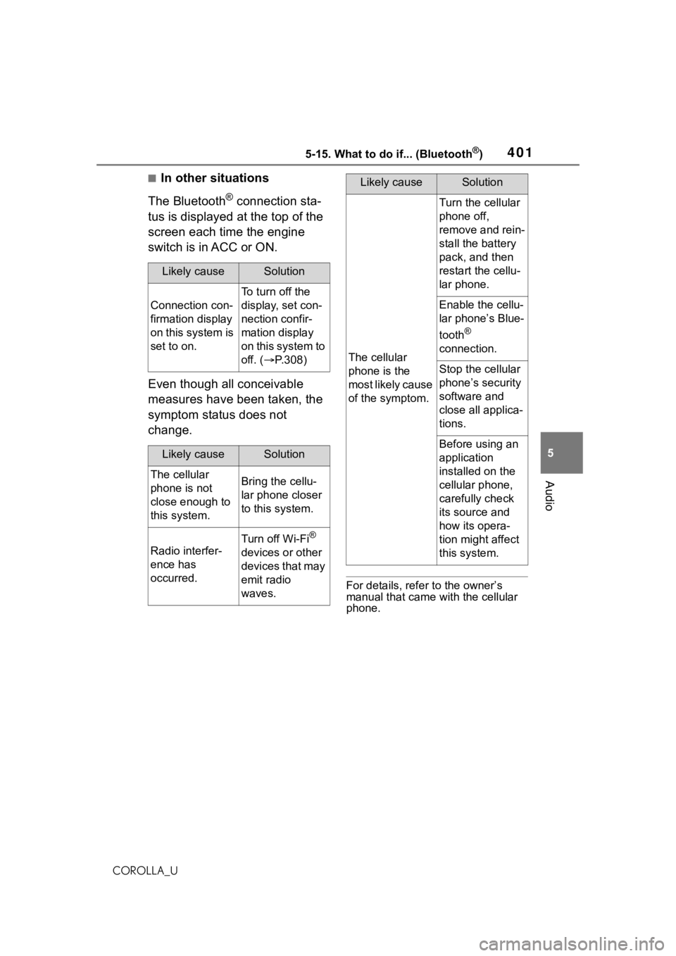 TOYOTA COROLLA 2021 Owners Manual (in English) 4015-15. What to do if... (Bluetooth®)
5
Audio
COROLLA_U
■In other situations
The Bluetooth
® connection sta-
tus is displayed at the top of the
screen each time the engine
switch is in ACC or O TOYOTA COROLLA 2021 Owners Manual (in English) 4015-15. What to do if... (Bluetooth®)
5
Audio
COROLLA_U
■In other situations
The Bluetooth
® connection sta-
tus is displayed at the top of the
screen each time the engine
switch is in ACC or O