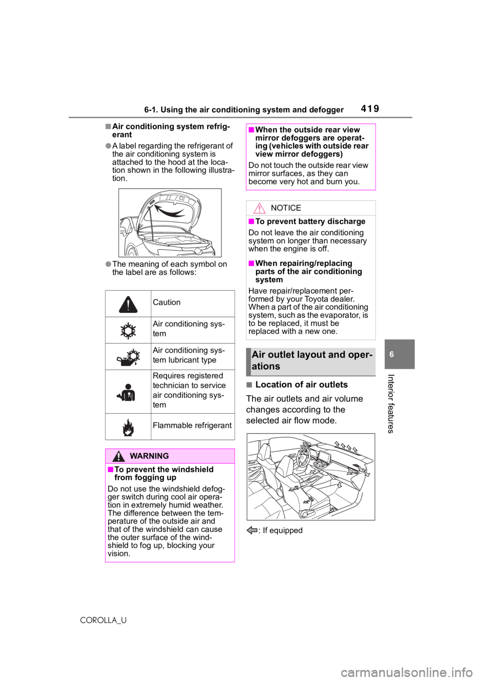 TOYOTA COROLLA 2021 Owners Manual (in English) 4196-1. Using the air conditioning system and defogger
6
Interior features
COROLLA_U
■Air conditioning system refrig-
erant
●A label regarding the refrigerant of
the air conditioning system is
a TOYOTA COROLLA 2021 Owners Manual (in English) 4196-1. Using the air conditioning system and defogger
6
Interior features
COROLLA_U
■Air conditioning system refrig-
erant
●A label regarding the refrigerant of
the air conditioning system is
a
