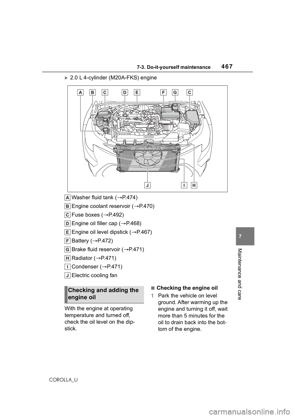 TOYOTA COROLLA 2021  Owners Manual (in English) 4677-3. Do-it-yourself maintenance
7
Maintenance and care
COROLLA_U
2.0 L 4-cylinder (M20A-FKS) engineWasher fluid tank ( P.474)
Engine coolant reservoir ( P.470)
Fuse boxes ( P.492)
Engin