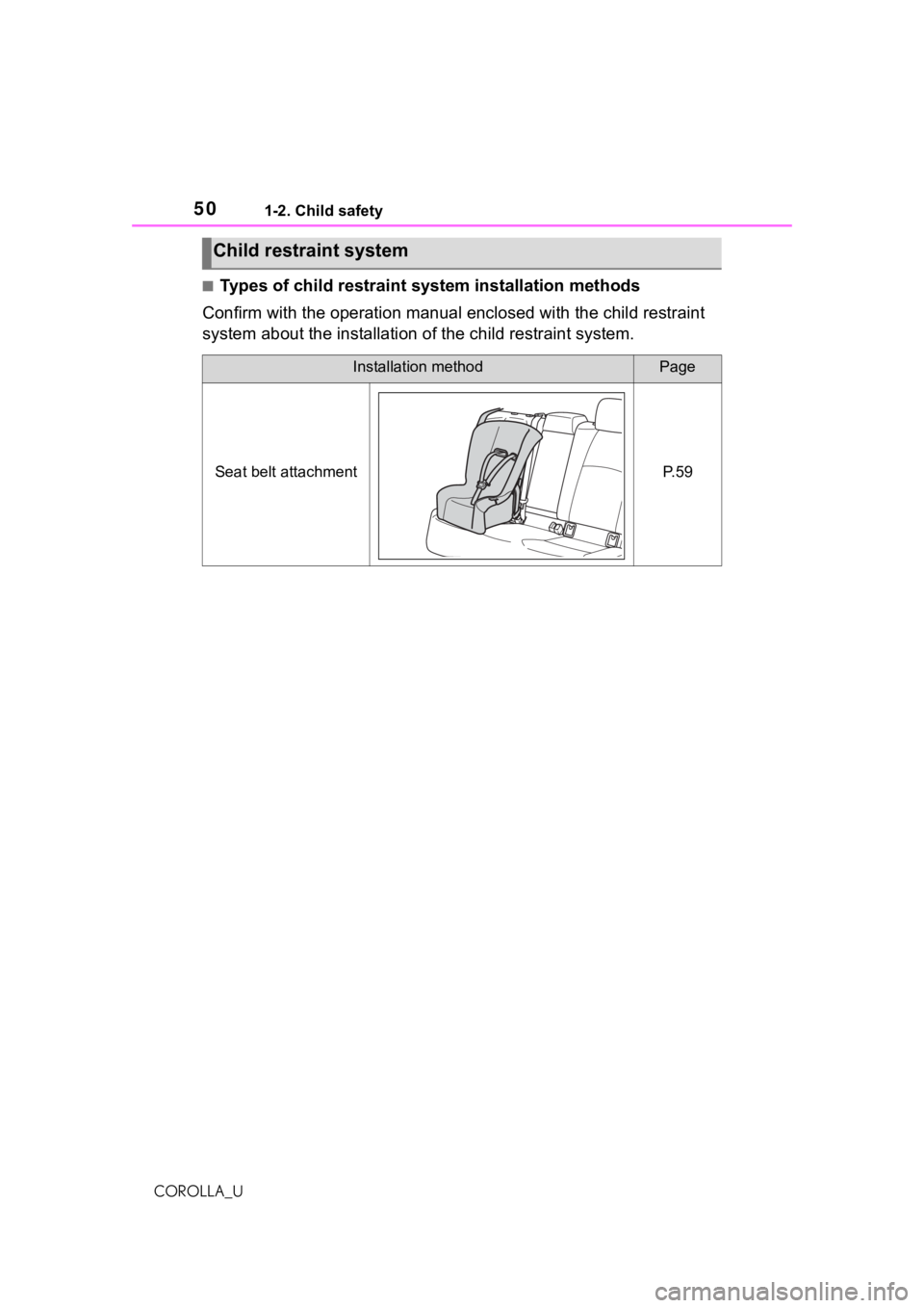 TOYOTA COROLLA 2021 (in English) Service Manual 501-2. Child safety
COROLLA_U
■Types of child restraint system installation methods
Confirm with the operation manual enclosed with the child restr aint
system about the installation of the child r TOYOTA COROLLA 2021 (in English) Service Manual 501-2. Child safety
COROLLA_U
■Types of child restraint system installation methods
Confirm with the operation manual enclosed with the child restr aint
system about the installation of the child r