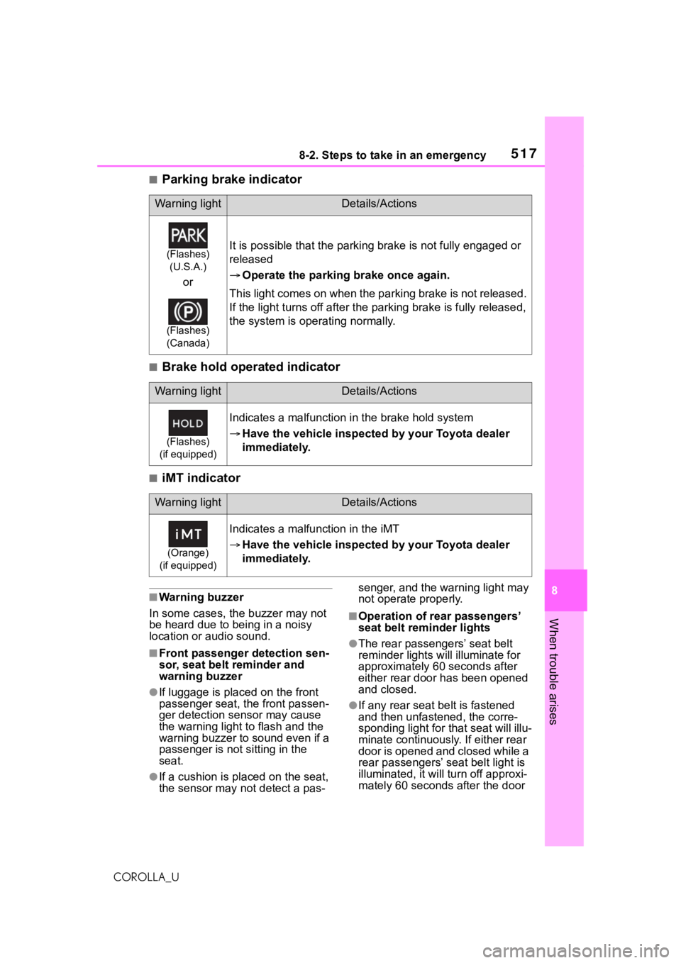 TOYOTA COROLLA 2021 Owners Manual (in English) 5178-2. Steps to take in an emergency
8
When trouble arises
COROLLA_U
■Parking brake indicator
■Brake hold operated indicator
■iMT indicator
■Warning buzzer
In some cases, the buzzer may not
TOYOTA COROLLA 2021 Owners Manual (in English) 5178-2. Steps to take in an emergency
8
When trouble arises
COROLLA_U
■Parking brake indicator
■Brake hold operated indicator
■iMT indicator
■Warning buzzer
In some cases, the buzzer may not