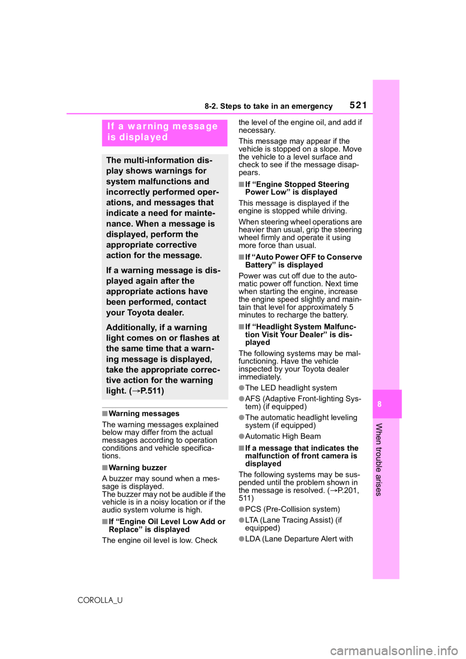 TOYOTA COROLLA 2021  Owners Manual (in English) 5218-2. Steps to take in an emergency
8
When trouble arises
COROLLA_U
■Warning messages
The warning messages explained 
below may differ from the actual 
messages according to operation 
conditions 