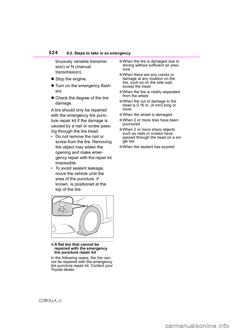 TOYOTA COROLLA 2021  Owners Manual (in English) 5248-2. Steps to take in an emergency
COROLLA_U
tinuously variable transmis-
sion) or N (manual 
transmission).
 Stop the engine.
 Turn on the emergency flash-
ers.
 Check the degree of the t