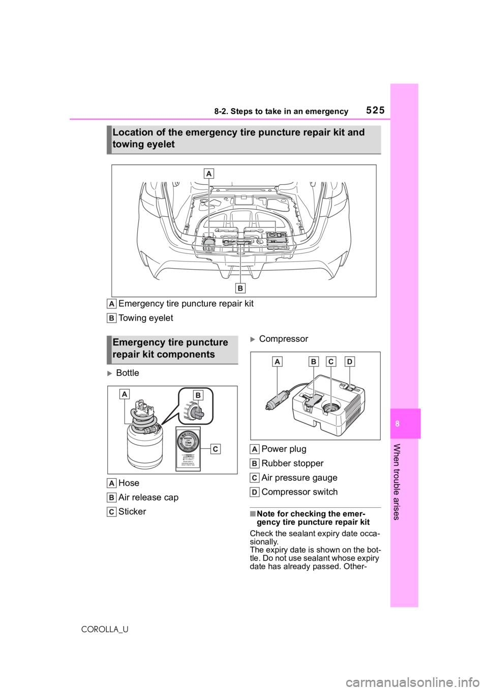 TOYOTA COROLLA 2021  Owners Manual (in English) 5258-2. Steps to take in an emergency
8
When trouble arises
COROLLA_U
Emergency tire puncture repair kit
Towing eyelet
Bottle
Hose
Air release cap
Sticker
CompressorPower plug
Rubber stopper
Air