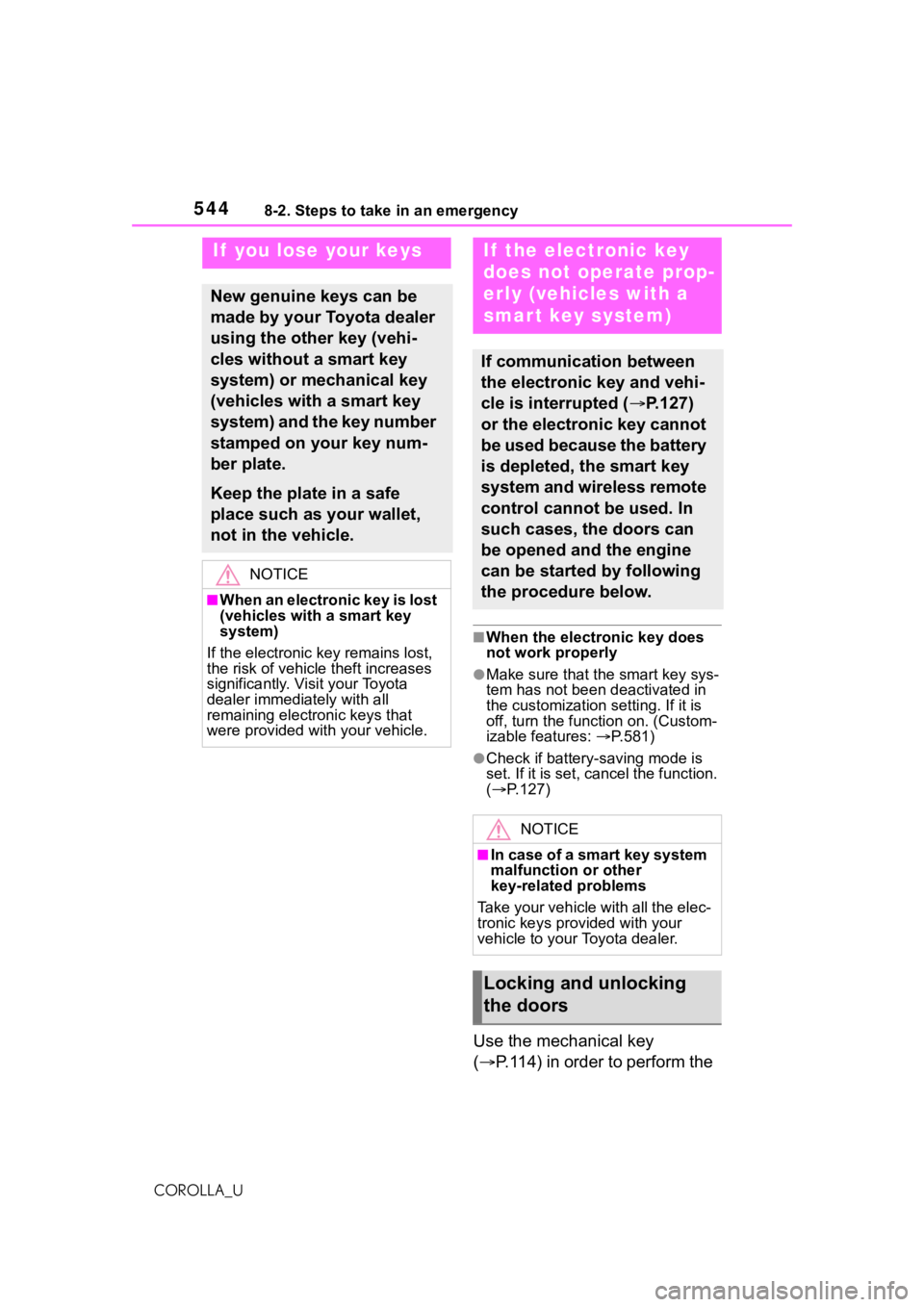 TOYOTA COROLLA 2021 Owners Manual (in English) 5448-2. Steps to take in an emergency
COROLLA_U
■When the electronic key does
not work properly
●Make sure that the smart key sys-
tem has not been deactivated in
the customization setting. If i TOYOTA COROLLA 2021 Owners Manual (in English) 5448-2. Steps to take in an emergency
COROLLA_U
■When the electronic key does
not work properly
●Make sure that the smart key sys-
tem has not been deactivated in
the customization setting. If i