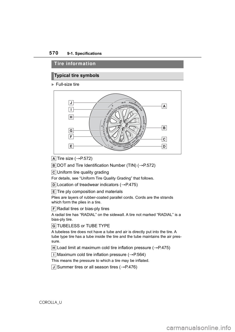 TOYOTA COROLLA 2021  Owners Manual (in English) 5709-1. Specifications
COROLLA_U
Full-size tireTire size ( P.572)
DOT and Tire Identification Number (TIN) ( P.572)
Uniform tire quality grading
For details, see “Uniform Tire  Quality Grad