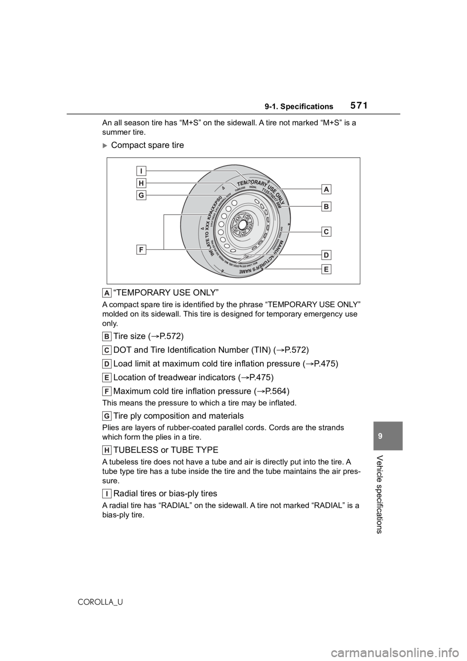 TOYOTA COROLLA 2021 Owners Manual (in English) 5719-1. Specifications
9
Vehicle specifications
COROLLA_UAn all season tire has
“M+S” on the sidewal l. A tire not marked “M+S” is a
summer tire.
Compact spare tire
“TEMPORARY USE ONLY TOYOTA COROLLA 2021 Owners Manual (in English) 5719-1. Specifications
9
Vehicle specifications
COROLLA_UAn all season tire has
“M+S” on the sidewal l. A tire not marked “M+S” is a
summer tire.
Compact spare tire
“TEMPORARY USE ONLY