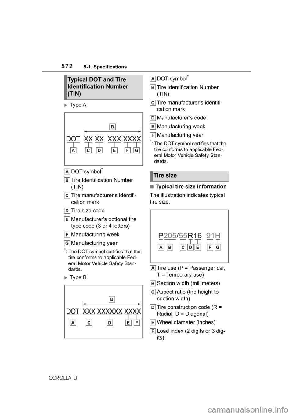 TOYOTA COROLLA 2021 Owners Manual (in English) 5729-1. Specifications
COROLLA_U
Ty p e ADOT symbol
*
Tire Identification Number
(TIN)
Tire manufacturer’s identifi-
cation mark
Tire size code
Manufacturer’s optional tire
type code (3 or 4 TOYOTA COROLLA 2021 Owners Manual (in English) 5729-1. Specifications
COROLLA_U
Ty p e ADOT symbol
*
Tire Identification Number
(TIN)
Tire manufacturer’s identifi-
cation mark
Tire size code
Manufacturer’s optional tire
type code (3 or 4