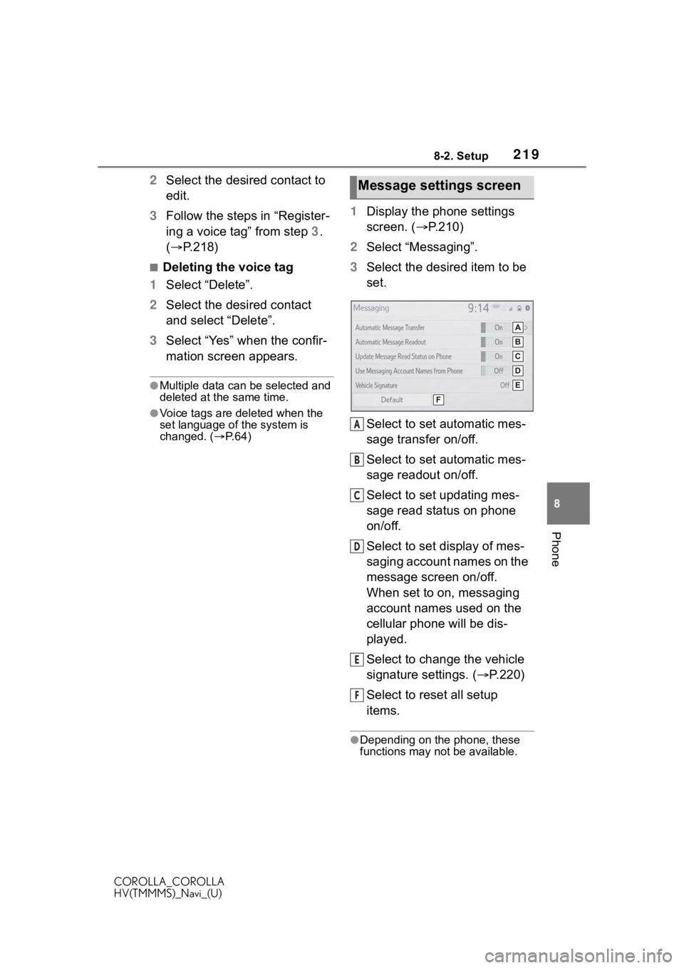 TOYOTA COROLLA 2021 Accessories, Audio & Navigation (in English) 2198-2. Setup
COROLLA_COROLLA
HV(TMMMS)_Navi_(U)
8
Phone
2 Select the desired contact to
edit.
3 Follow the steps in “Register-
ing a voice tag” from step 3 .
( P.218)
■Deleting the voice t TOYOTA COROLLA 2021 Accessories, Audio & Navigation (in English) 2198-2. Setup
COROLLA_COROLLA
HV(TMMMS)_Navi_(U)
8
Phone
2 Select the desired contact to
edit.
3 Follow the steps in “Register-
ing a voice tag” from step 3 .
( P.218)
■Deleting the voice t