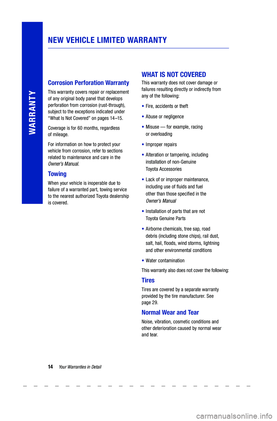 TOYOTA COROLLA 2021  Warranties & Maintenance Guides (in English) 14Yo u r Warranties  in Detail
WARRANTY
 
 
Corrosion Perforation  Warranty 
This warranty  covers repair or  replacement 
of  any original body  panel that develops  
perforation  from corrosion  (ru