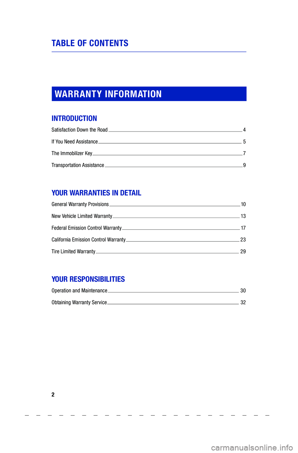 TOYOTA COROLLA 2021  Warranties & Maintenance Guides (in English) 2
TA BL E OF CONTENTS
WARRANTY  INFORMATION
INTRODUCTION
Satisfaction Down the Road   4
If  You  Need  Assistance  
  5
The  Immobilizer  Key 
 7
Transportation  Assistance 
 9
YOUR WARRANTIES  IN DE 