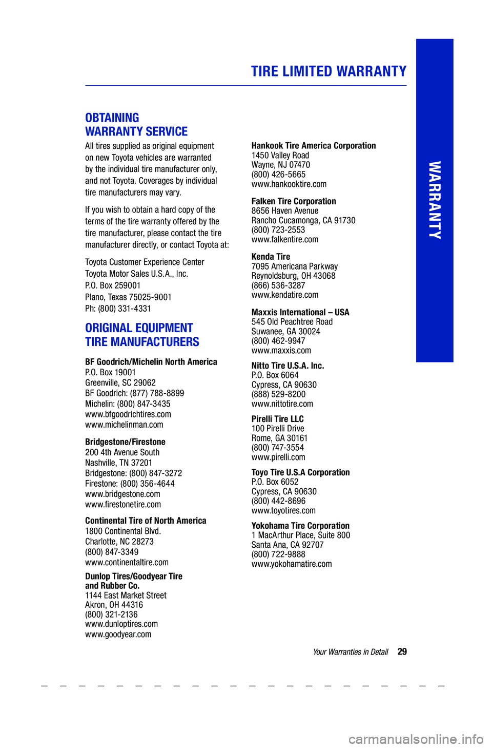 TOYOTA COROLLA 2021 Warranties & Maintenance Guides (in English) 29Yo u r Warranties in Detail
WARRANTY
TIRE LIMITED WARRANTY
OBTAINING
WARRANTY SERVICE
All tires supplied as original equipment
on new Toyo t a vehicles are warranted
by the indivi TOYOTA COROLLA 2021 Warranties & Maintenance Guides (in English) 29Yo u r Warranties in Detail
WARRANTY
TIRE LIMITED WARRANTY
OBTAINING
WARRANTY SERVICE
All tires supplied as original equipment
on new Toyo t a vehicles are warranted
by the indivi