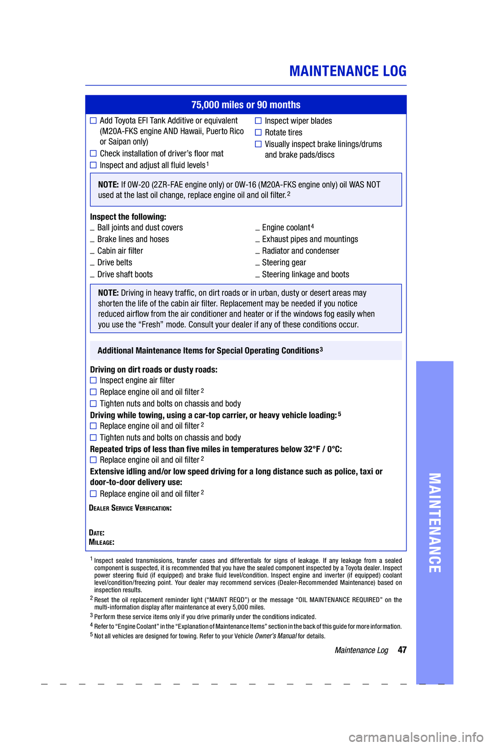 TOYOTA COROLLA 2021 Warranties & Maintenance Guides (in English) 47Maintenance Log
MAINTENANCE LOG
MAINTENANCE
75,000 miles or 90 months
Add Toyo t a EFI Ta nk Additive or equivalent
(M20A-FKS engine AND Hawaii, Puerto Rico
or Saipan only)
Check in TOYOTA COROLLA 2021 Warranties & Maintenance Guides (in English) 47Maintenance Log
MAINTENANCE LOG
MAINTENANCE
75,000 miles or 90 months
Add Toyo t a EFI Ta nk Additive or equivalent
(M20A-FKS engine AND Hawaii, Puerto Rico
or Saipan only)
Check in