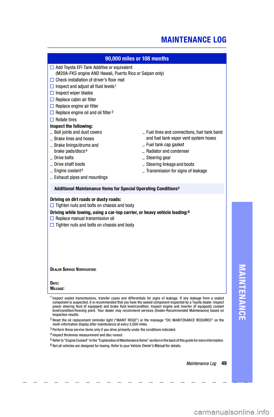TOYOTA COROLLA 2021 Warranties & Maintenance Guides (in English) 49Maintenance Log
MAINTENANCE LOG
MAINTENANCE
90,000 miles or 10 8 months
Add Toyo t a EFI Ta nk Additive or equivalent
(M20A-FKS engine AND Hawaii, Puerto Rico or Saipan only)
Check inst TOYOTA COROLLA 2021 Warranties & Maintenance Guides (in English) 49Maintenance Log
MAINTENANCE LOG
MAINTENANCE
90,000 miles or 10 8 months
Add Toyo t a EFI Ta nk Additive or equivalent
(M20A-FKS engine AND Hawaii, Puerto Rico or Saipan only)
Check inst