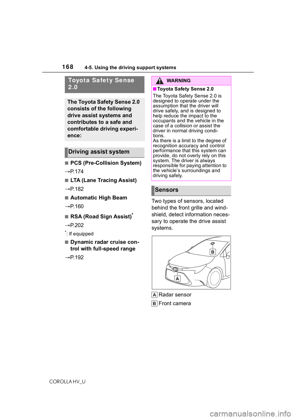 TOYOTA COROLLA HYBRID 2020 Owners Manual (in English) 1684-5. Using the driving support systems
COROLLA HV_U
4-5.Using the driving support systems
■PCS (Pre-Collision System)
P. 1 7 4
■LTA (Lane Tracing Assist)
P. 1 8 2
■Automatic High Beam TOYOTA COROLLA HYBRID 2020 Owners Manual (in English) 1684-5. Using the driving support systems
COROLLA HV_U
4-5.Using the driving support systems
■PCS (Pre-Collision System)
P. 1 7 4
■LTA (Lane Tracing Assist)
P. 1 8 2
■Automatic High Beam