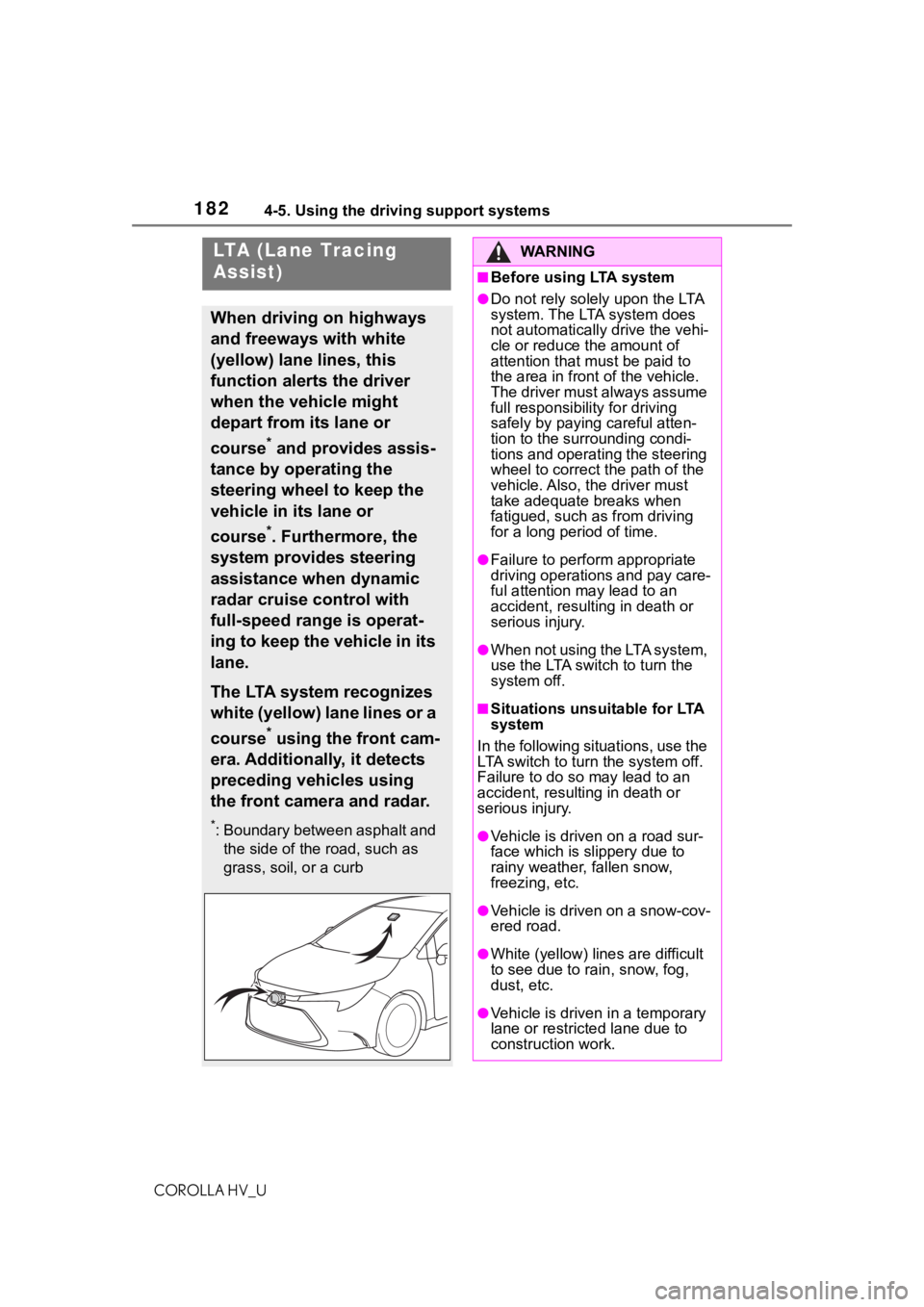 TOYOTA COROLLA HYBRID 2020  Owners Manual (in English) 1824-5. Using the driving support systems
COROLLA HV_U
LTA (Lane Tracing 
Assist)
When driving on highways 
and freeways with white 
(yellow) lane lines, this 
function alerts the driver 
when the veh