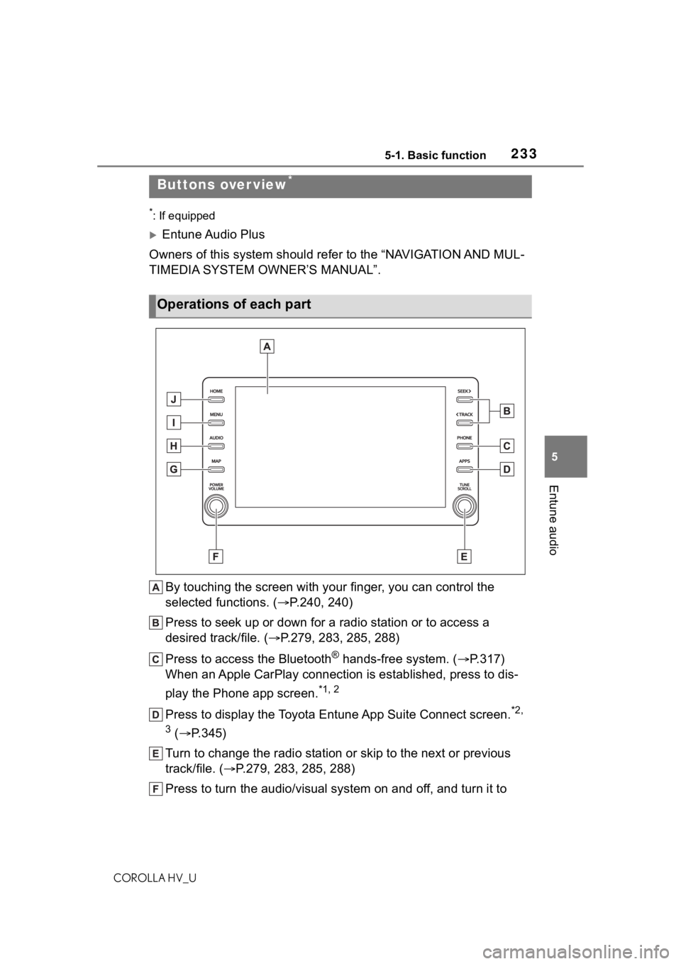 TOYOTA COROLLA HYBRID 2020  Owners Manual (in English) 2335-1. Basic function
COROLLA HV_U
5
Entune audio
5-1.Basic function
*: If equipped
Entune Audio Plus
Owners of this system should refer to the “NAVIGATION AND MUL-
TIMEDIA SYSTEM OWNER’S MANU