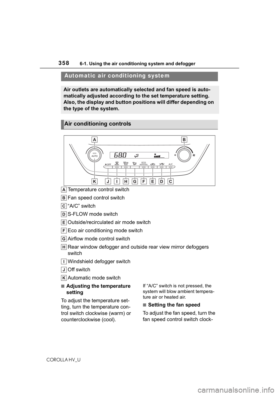TOYOTA COROLLA HYBRID 2020 Owners Manual (in English) 3586-1. Using the air conditioning system and defogger
COROLLA HV_U
6-1.Using the air conditioning system and defogger
Temperature control switch
Fan speed control switch
“A/C” switch
S-FLOW mode TOYOTA COROLLA HYBRID 2020 Owners Manual (in English) 3586-1. Using the air conditioning system and defogger
COROLLA HV_U
6-1.Using the air conditioning system and defogger
Temperature control switch
Fan speed control switch
“A/C” switch
S-FLOW mode