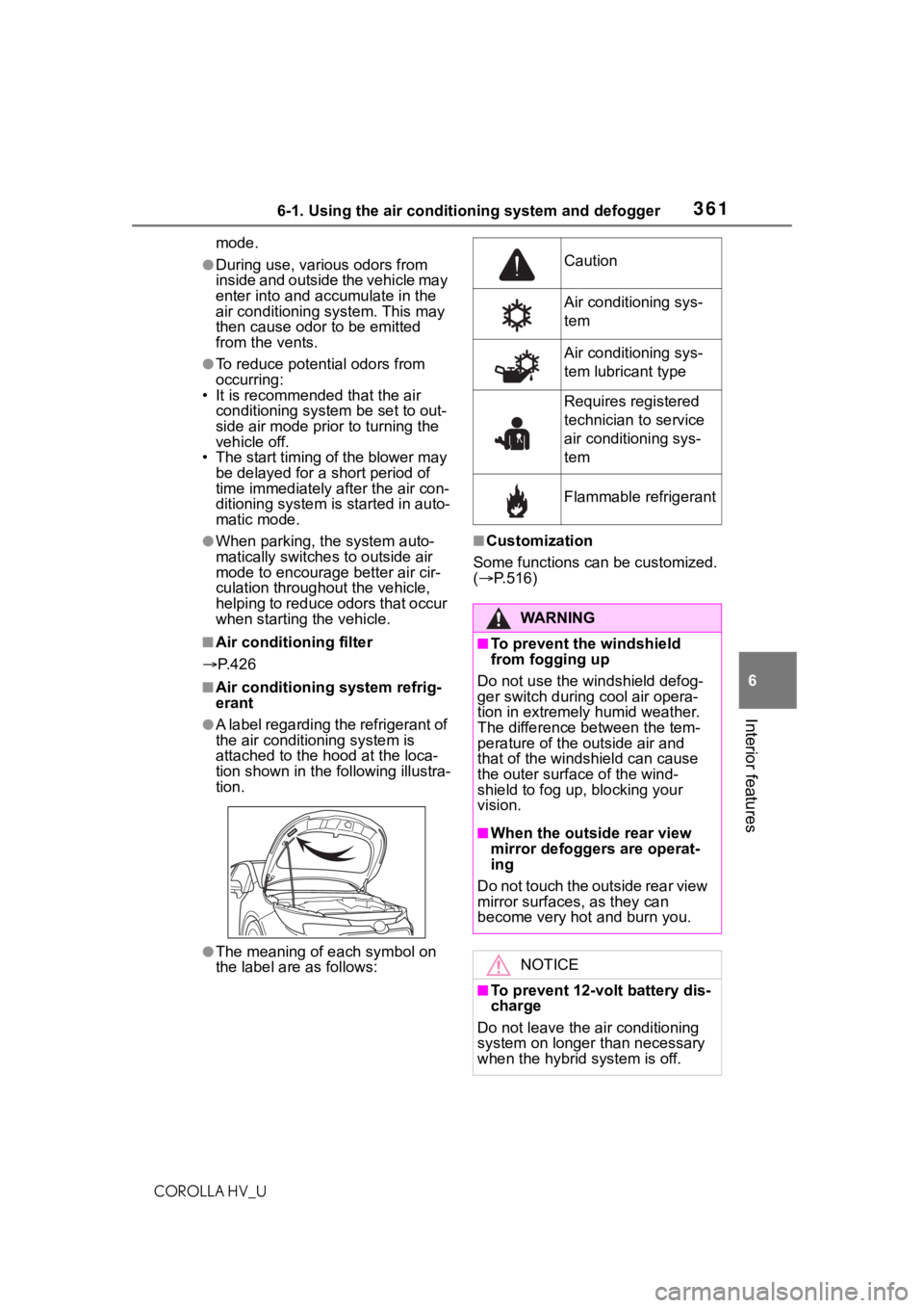TOYOTA COROLLA HYBRID 2020 Owners Manual (in English) 3616-1. Using the air conditioning system and defogger
COROLLA HV_U
6
Interior features
mode.
●During use, various odors from
inside and outside the vehicle may
enter into and a ccumulate in the
TOYOTA COROLLA HYBRID 2020 Owners Manual (in English) 3616-1. Using the air conditioning system and defogger
COROLLA HV_U
6
Interior features
mode.
●During use, various odors from
inside and outside the vehicle may
enter into and a ccumulate in the