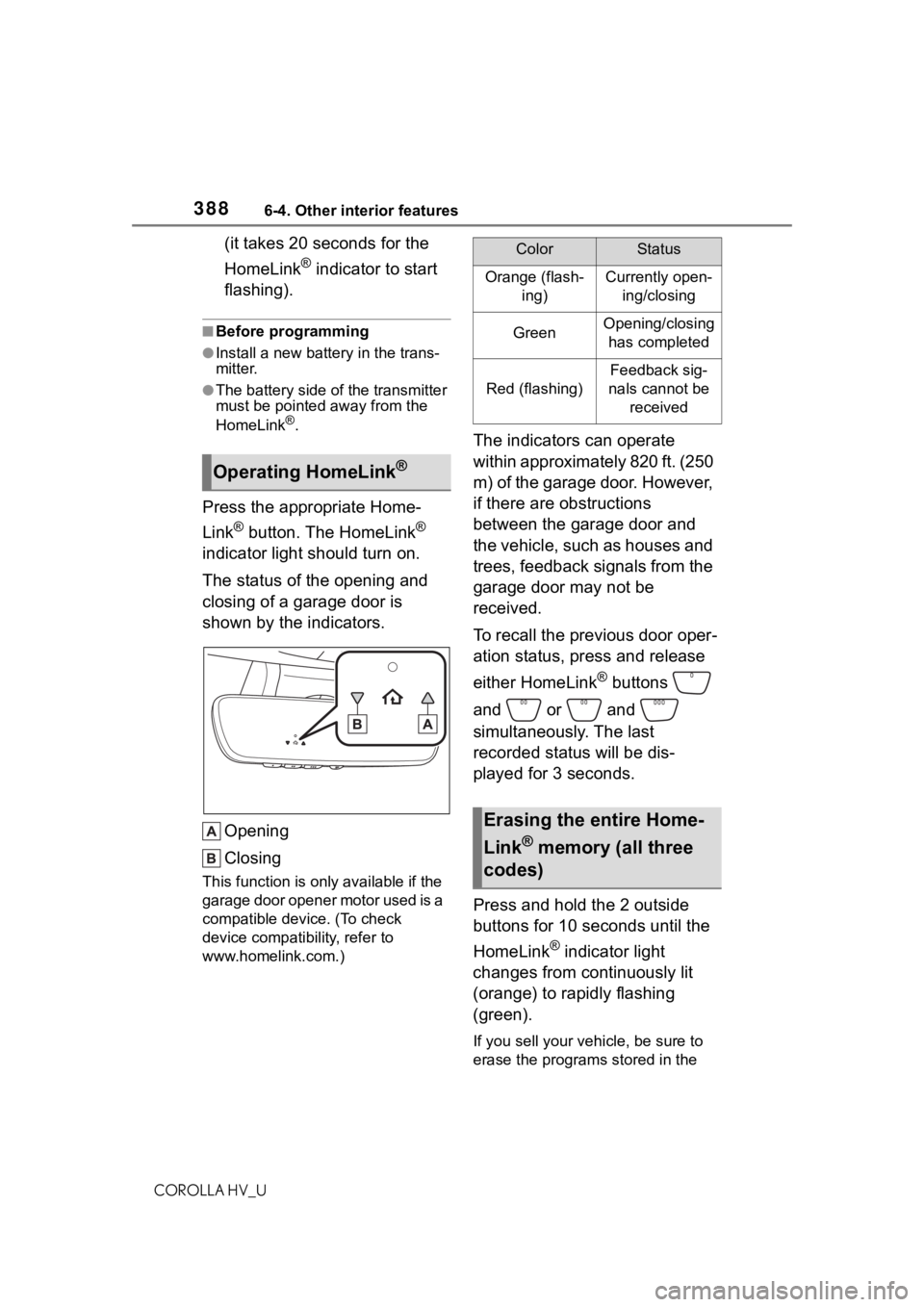 TOYOTA COROLLA HYBRID 2020 Owners Manual (in English) 3886-4. Other interior features
COROLLA HV_U
(it takes 20 seconds for the
HomeLink
® indicator to start
flashing).
■Before programming
●Install a new battery in the trans-
mitter.
●The batter TOYOTA COROLLA HYBRID 2020 Owners Manual (in English) 3886-4. Other interior features
COROLLA HV_U
(it takes 20 seconds for the
HomeLink
® indicator to start
flashing).
■Before programming
●Install a new battery in the trans-
mitter.
●The batter