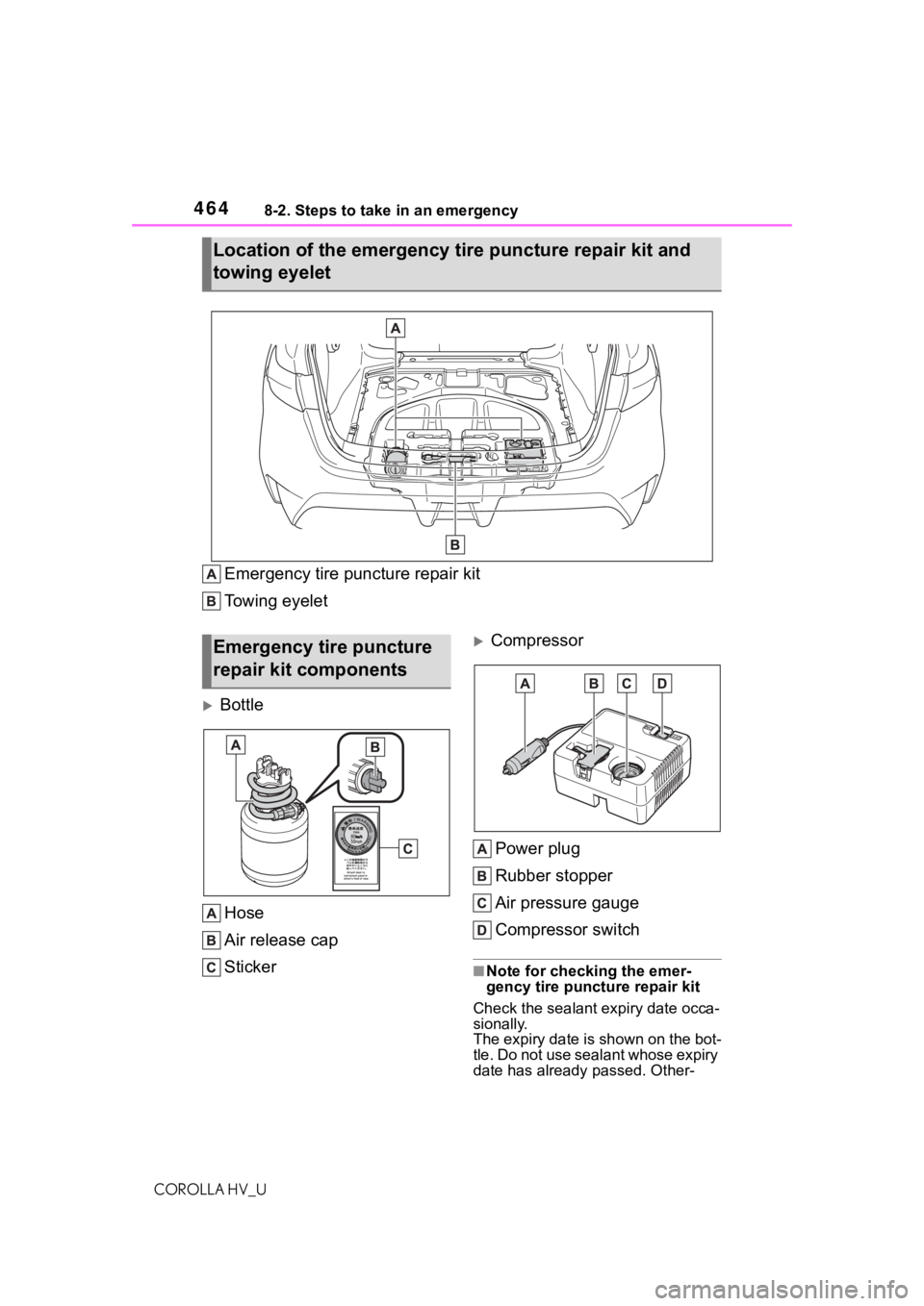 TOYOTA COROLLA HYBRID 2020 Owners Manual (in English) 4648-2. Steps to take in an emergency
COROLLA HV_U
Emergency tire puncture repair kit
Towing eyelet
Bottle
Hose
Air release cap
Sticker
CompressorPower plug
Rubber stopper
Air pressure gauge
Com TOYOTA COROLLA HYBRID 2020 Owners Manual (in English) 4648-2. Steps to take in an emergency
COROLLA HV_U
Emergency tire puncture repair kit
Towing eyelet
Bottle
Hose
Air release cap
Sticker
CompressorPower plug
Rubber stopper
Air pressure gauge
Com