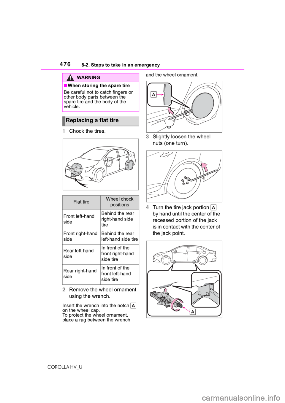 TOYOTA COROLLA HYBRID 2020 Owners Manual (in English) 4768-2. Steps to take in an emergency
COROLLA HV_U
1Chock the tires.
2 Remove the wheel ornament
using the wrench.
Insert the wrench into the notch
on the wheel cap.
To protect the wheel ornament TOYOTA COROLLA HYBRID 2020 Owners Manual (in English) 4768-2. Steps to take in an emergency
COROLLA HV_U
1Chock the tires.
2 Remove the wheel ornament
using the wrench.
Insert the wrench into the notch
on the wheel cap.
To protect the wheel ornament