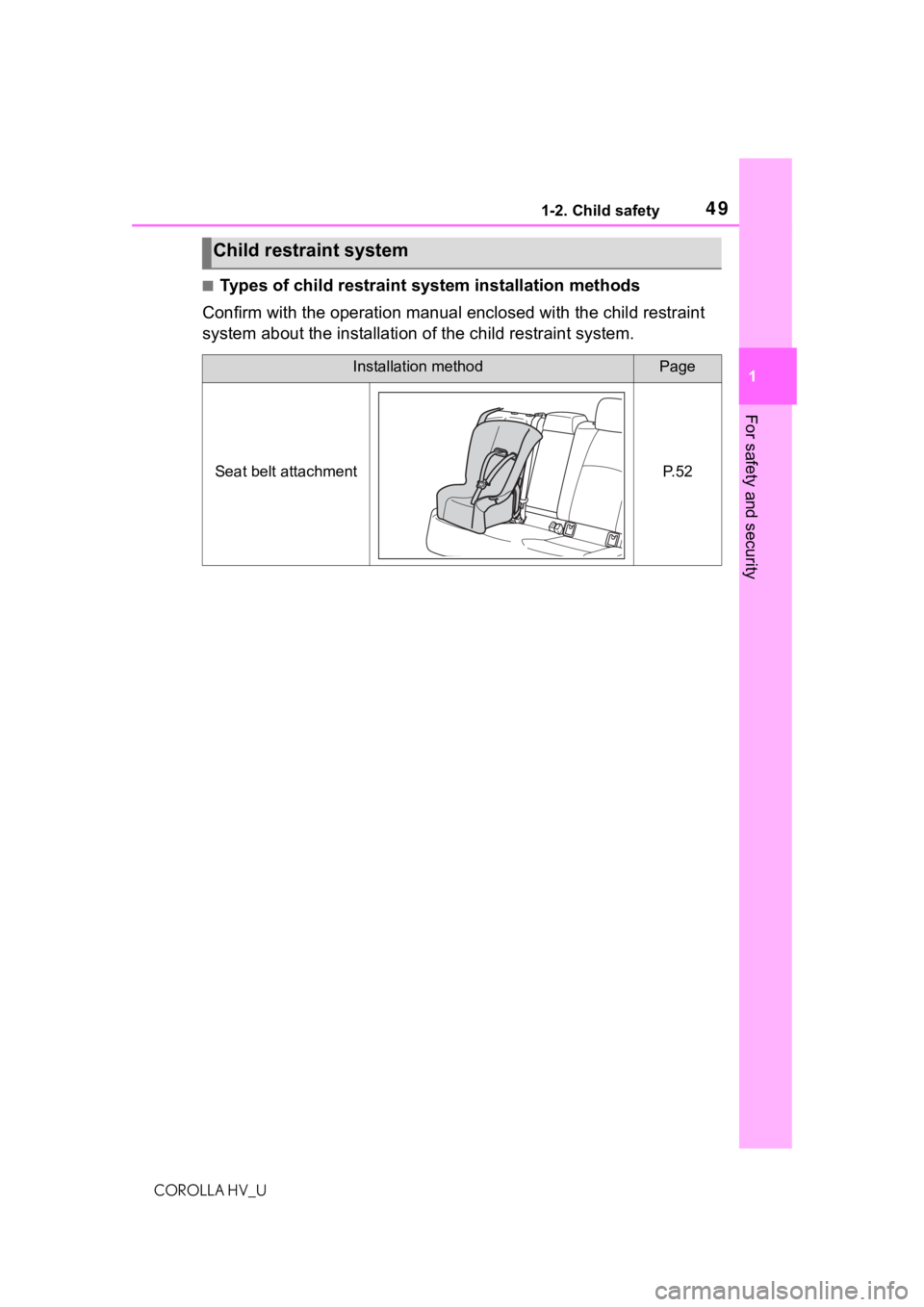 TOYOTA COROLLA HYBRID 2020   (in English) Service Manual 491-2. Child safety
COROLLA HV_U
1
For safety and security
■Types of child restraint system installation methods
Confirm with the operation manual enclosed with the child restr aint 
system about th
