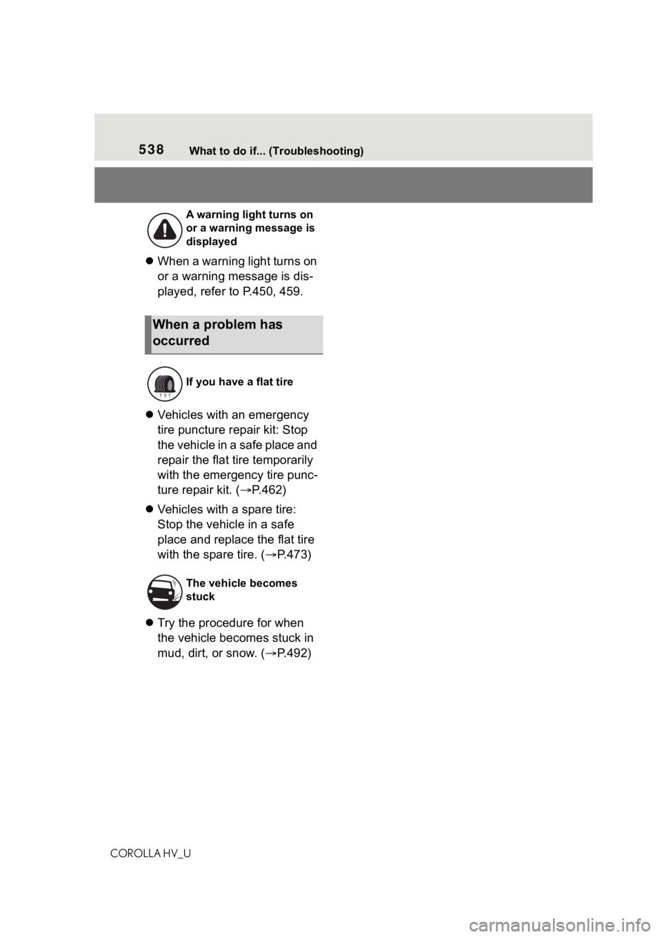 TOYOTA COROLLA HYBRID 2020  Owners Manual (in English) 538What to do if... (Troubleshooting)
COROLLA HV_U
 When a warning light turns on 
or a warning message is dis-
played, refer to P.450, 459.
 Vehicles with an emergency 
tire puncture repair kit