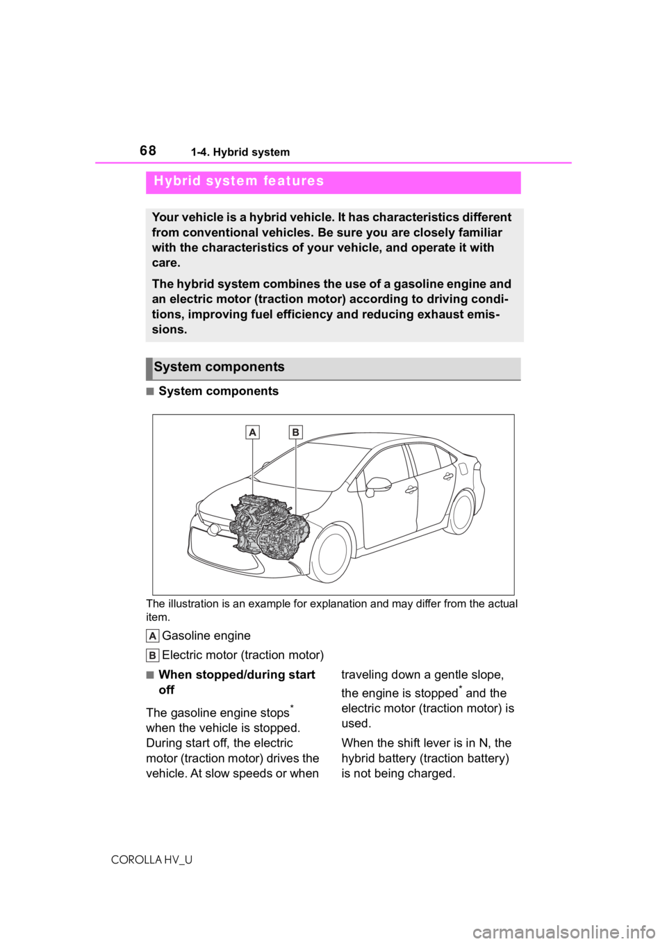 TOYOTA COROLLA HYBRID 2020 (in English) Repair Manual 681-4. Hybrid system
COROLLA HV_U
1-4.Hybrid system
■System components
The illustration is an example for explanation and may differ from the actual
item.
Gasoline engine
Electric motor (traction m TOYOTA COROLLA HYBRID 2020 (in English) Repair Manual 681-4. Hybrid system
COROLLA HV_U
1-4.Hybrid system
■System components
The illustration is an example for explanation and may differ from the actual
item.
Gasoline engine
Electric motor (traction m