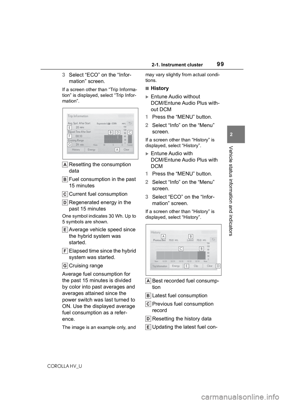TOYOTA COROLLA HYBRID 2020  Owners Manual (in English) 992-1. Instrument cluster
COROLLA HV_U
2
Vehicle status information and indicators
3 Select “ECO” on the “Infor-
mation” screen.
If a screen other than “Trip Informa-
tion” is displayed, s