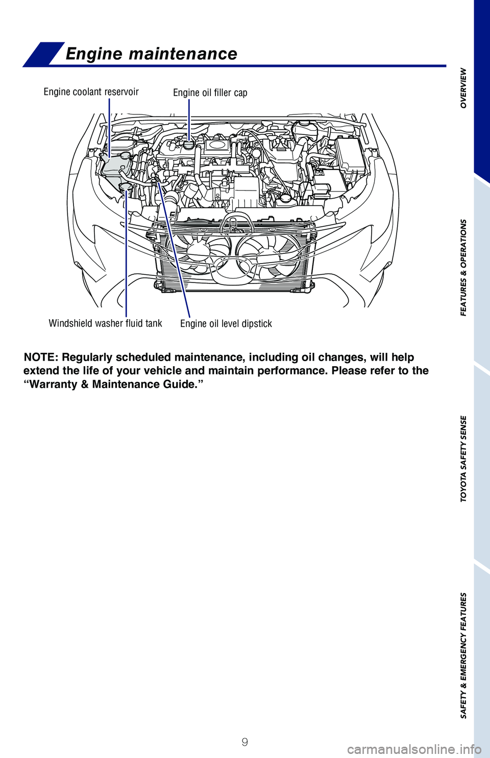 TOYOTA COROLLA HYBRID 2020   (in English) User Guide 9
OVERVIEW
FEATURES & OPERATIONS
TOYOTA SAFETY SENSE
SAFETY & EMERGENCY FEATURES
NOTE: Regularly scheduled maintenance, including    oil changes, will help 
extend the life of your vehicle and maintai
