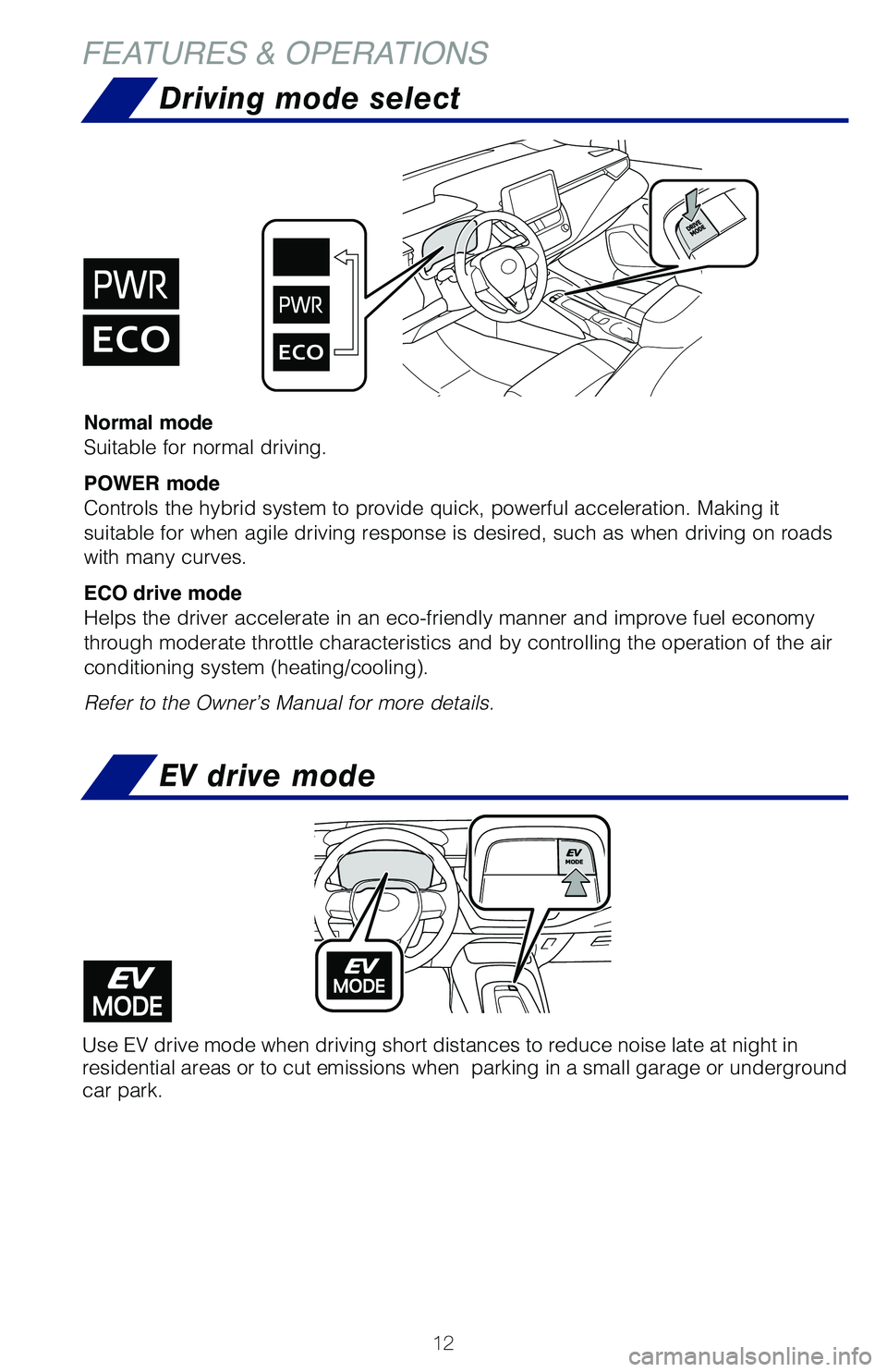 TOYOTA COROLLA HYBRID 2020   (in English) User Guide 12
Driving mode select
Normal mode
Suitable for normal driving.
POWER mode
Controls the hybrid system to provide quick, powerful acceleration. Making it 
suitable for when agile driving response is de