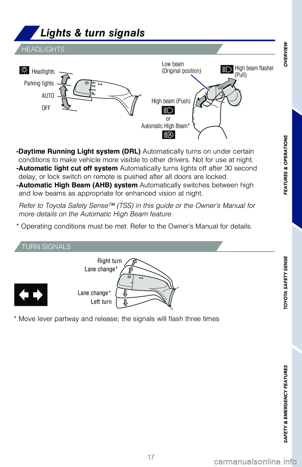 TOYOTA COROLLA HYBRID 2020   (in English) User Guide 17
OVERVIEW
FEATURES & OPERATIONS
TOYOTA SAFETY SENSE
SAFETY & EMERGENCY FEATURES
-Daytime Running Light system (DRL) Automatically turns on under certain 
conditions to make vehicle more visible to o