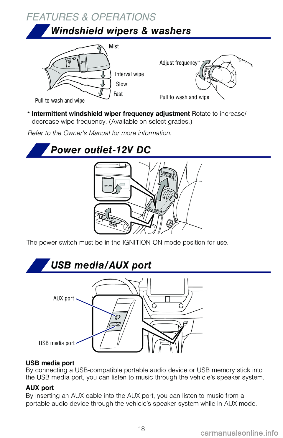TOYOTA COROLLA HYBRID 2020   (in English) User Guide 18
FEATURES & OPERATIONS
USB media port
By connecting a USB-compatible portable audio device or USB memory stick into 
the USB media port, you can listen to music through the vehicle’s speaker syste
