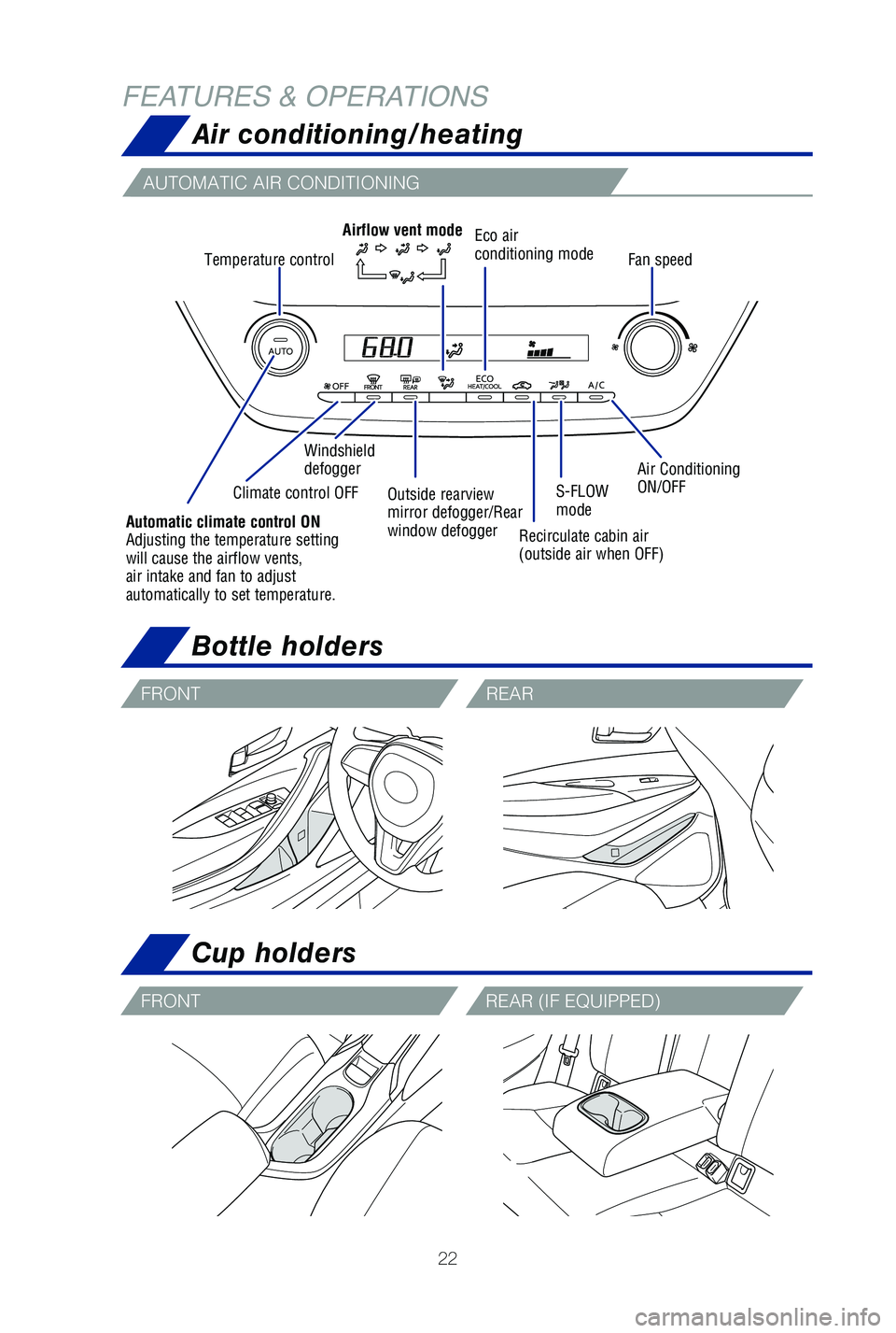 TOYOTA COROLLA HYBRID 2020   (in English) Owners Manual 22
FEATURES & OPERATIONSAir conditioning/heating
Temperature control Fan speed
Windshield 
defogger
Air Conditioning 
ON/OFF
Climate control OFF Eco air 
conditioning mode
Automatic climate control ON